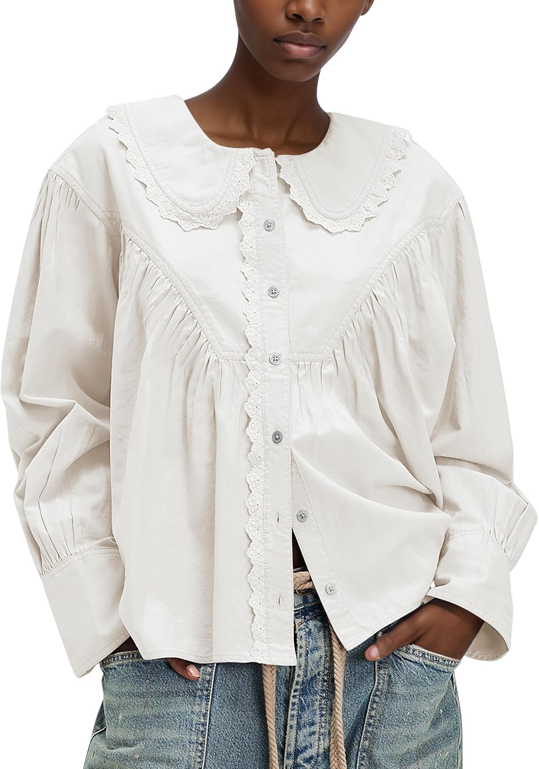 Womens Peter Pan Collar Shirt Cotton Button Down Blouses Lace Trim Loose Fit Casual Work Beach Long Sleeve Shirts