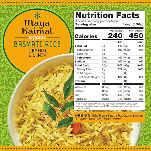 Vista 2 de Maya Kaimal Foods - Arroz orgánico indio diario - Cúrcuma y surekha de comino - 10 oz - Paquete de 6