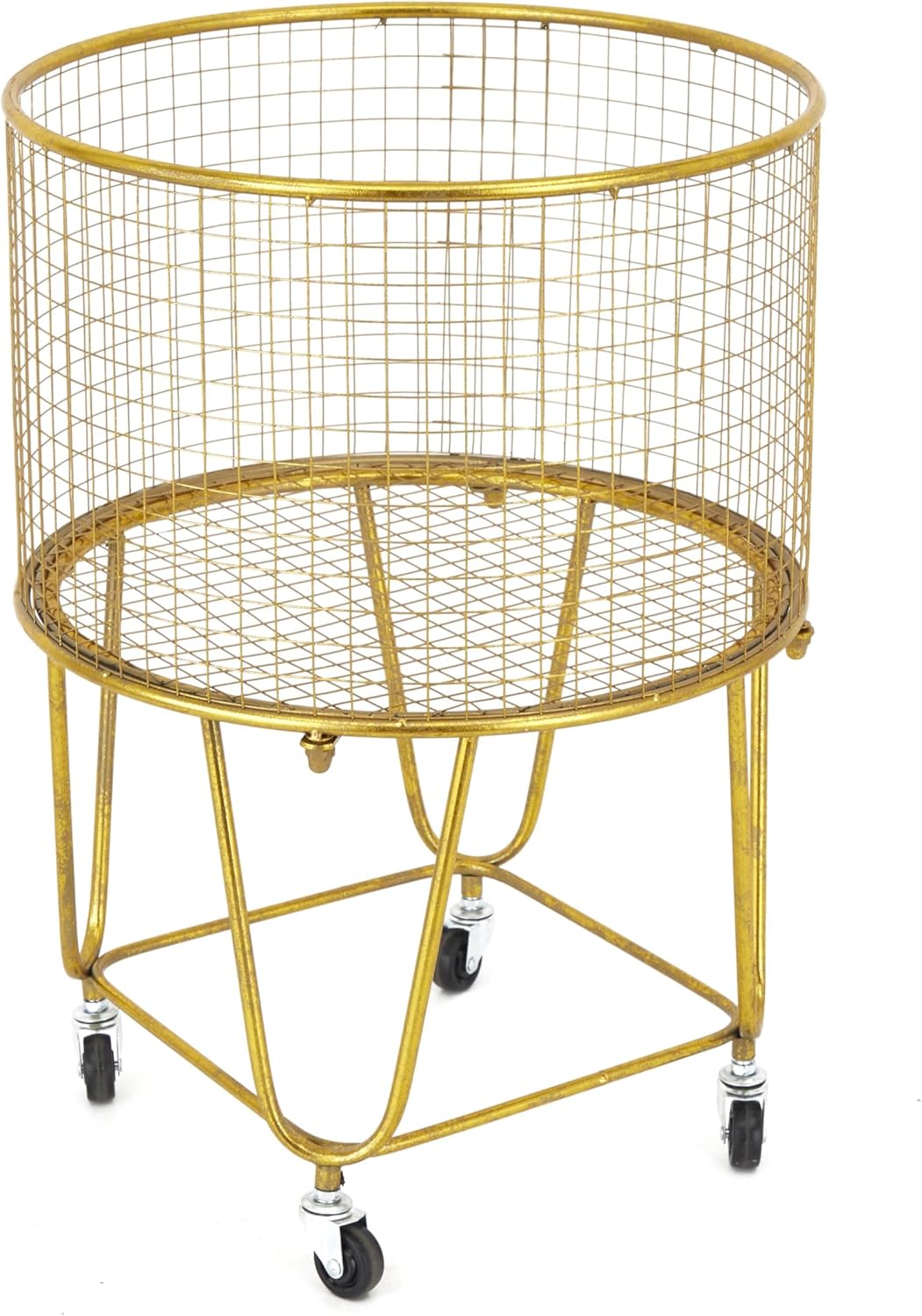 Deco 79 Metal Storage Cart Deep Set Metal Mesh Laundry Basket with Wheels, 16L x 16W x 24.95H, Gold Gold 18" x 18" x 25"