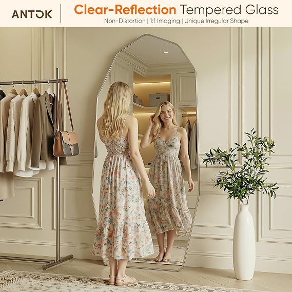 Antok 76x34 Irregular Full Length Mirror, Large Full Body Mirror, Silver