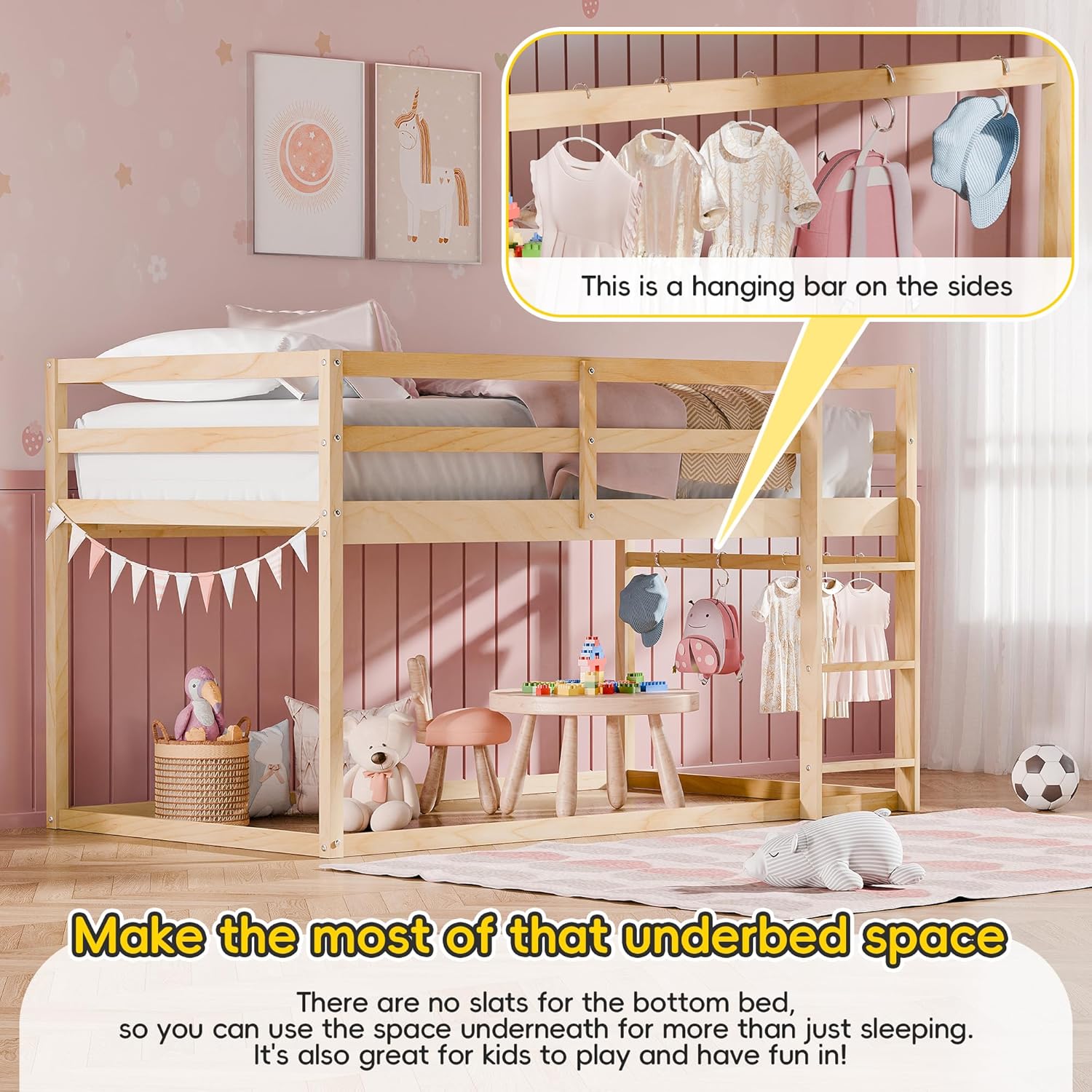 Xilingol Low Bunk Bed for Kids, Floor Bunk Bed Twin Over Twin, Wooden Bunk Bed Frame with Full Guardrails, Twin Bunk Bed for Bedroom, Dorm (Natural)