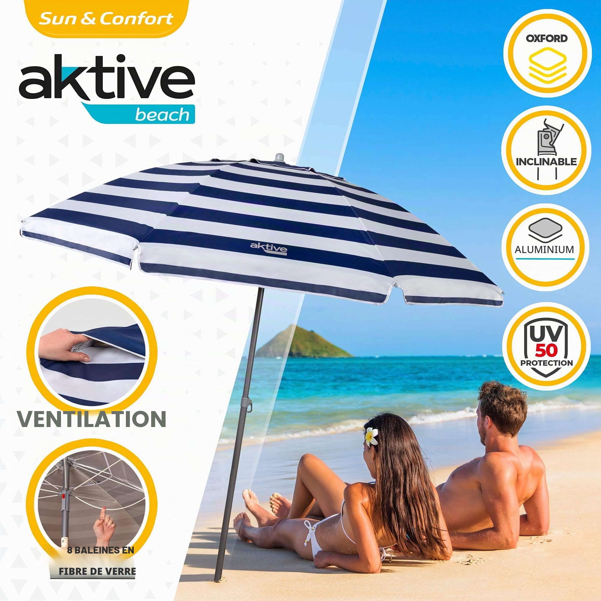 AKTIVE Parasol de Plage, 220 cm, Pare-Soleil Résistant au Vent, Toit de Ventilation, Mât 28-32 mm, Protection UV50, Motif Rayures Sailor, Sac de Rangement Inclus