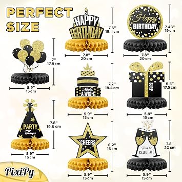 Happy Birthday Table Decoration Centerpieces - (8 Pack, Black & Gold) - Double-Sided Happy Birthday Centerpieces for Tables - Party Supplies for Elegant Birthday Decorations by PixiPy