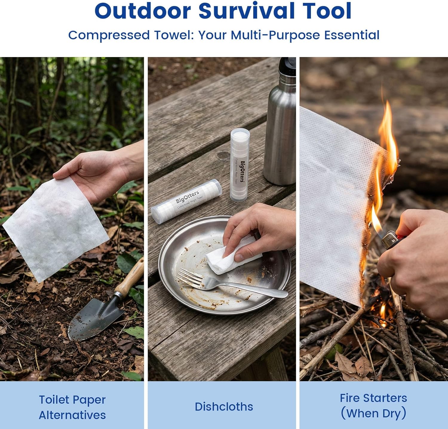 BigOtters Compressed Towels, 100PCS D isposable Face Towels for Travel Expandable Wipes Tablets with 2PCS Tube Containers for Survival Gear and Supplies Outdoors Camping Hiking Hotel - Image 6