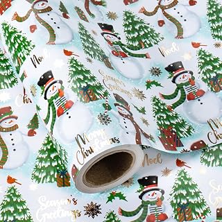WRAPAHOLIC Snowman Christmas Wrapping Paper - Mini Roll - 17 Inch x 16.5 Feet - Snowman Wrapping Paper with Holiday Tree and Gold Foil Snowflake Merry Christmas Design for Kids Present, Winter Season