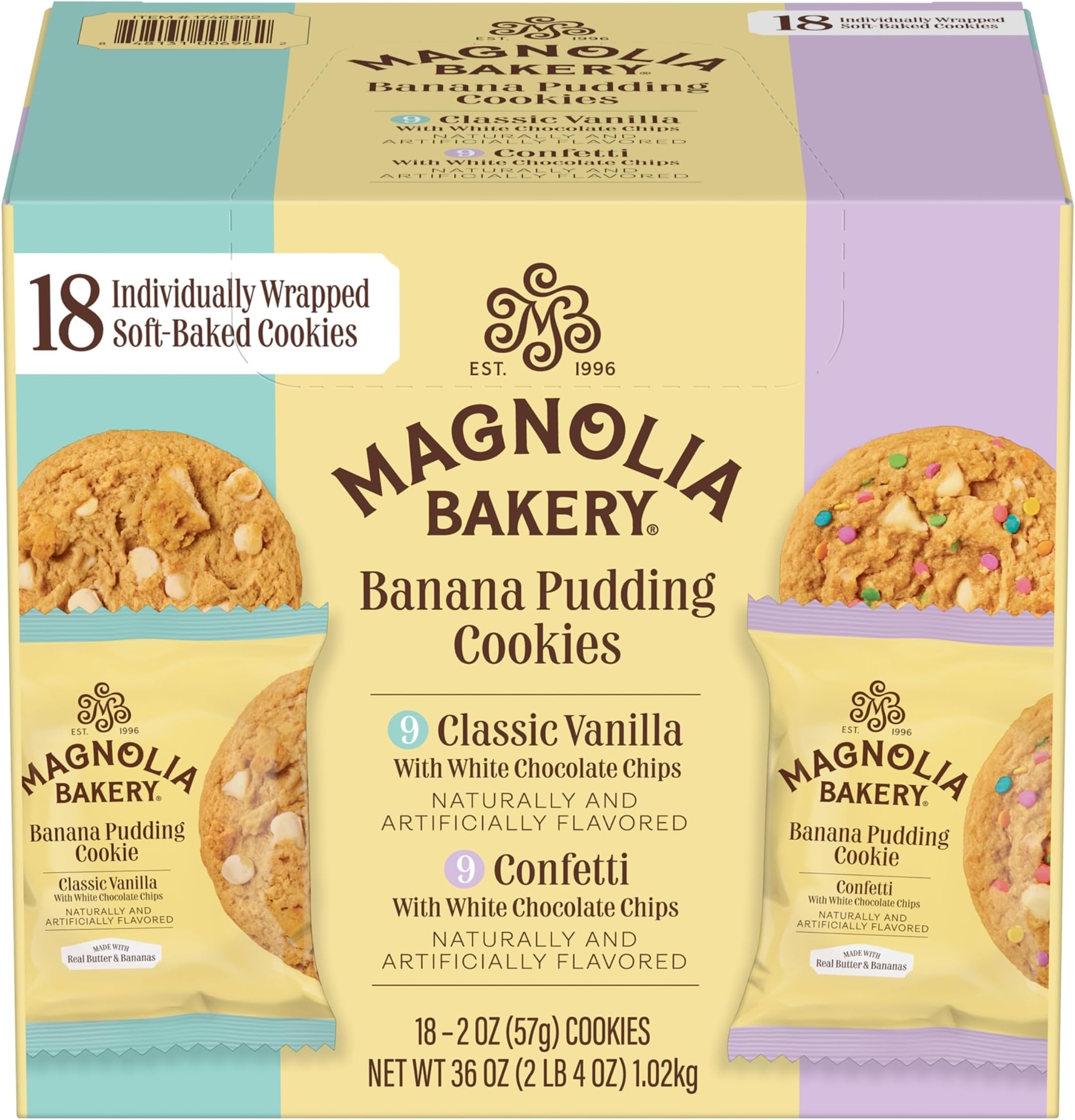 Magnolia Bakery Banana Pudding Cookies Value Pack, 2 Ounce (Pack of 18), Soft-Baked, Classic Vanilla, Confetti, Individually Wrapped