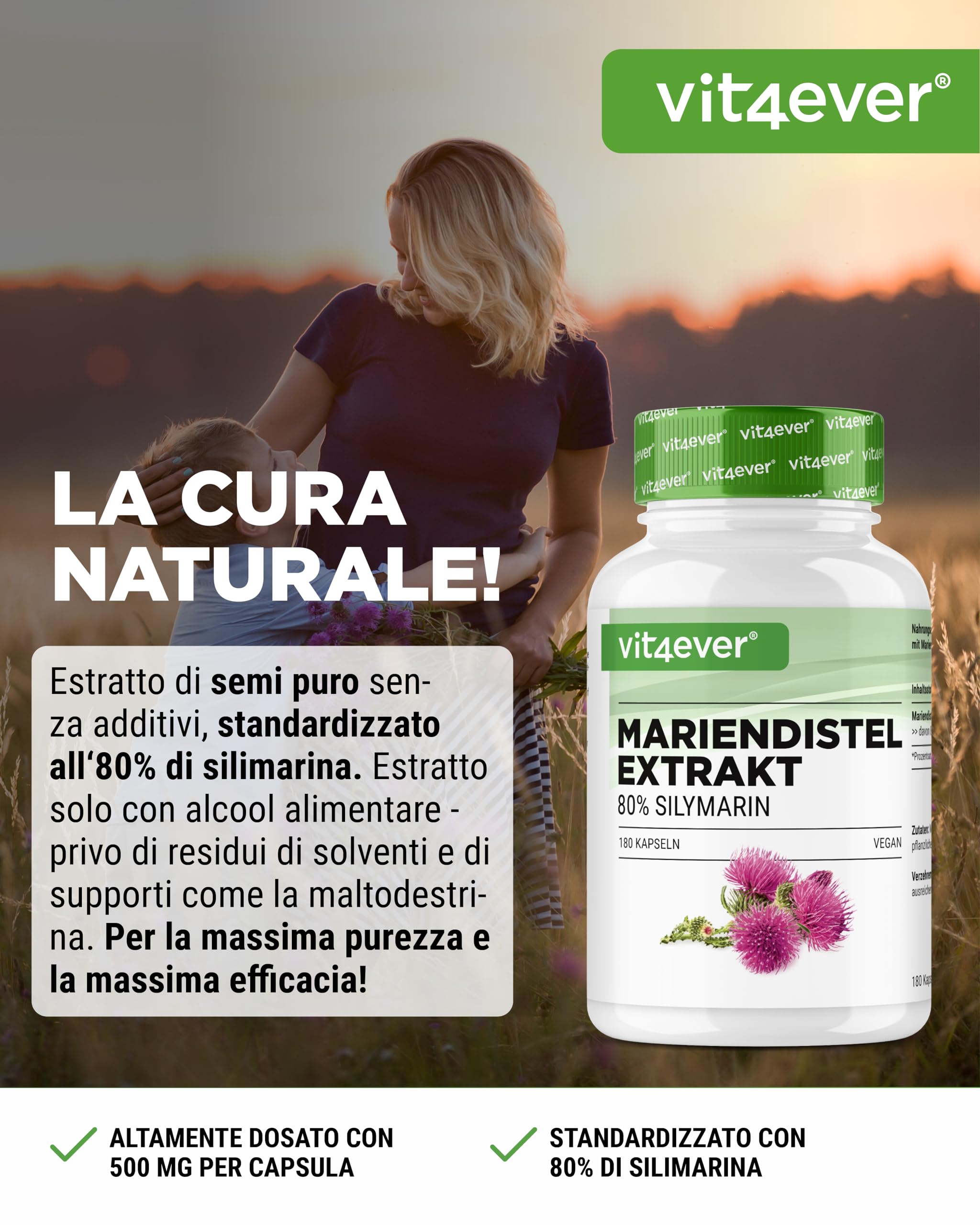 Estratto di cardo mariano 180 capsule da 500 mg ciascuna - 80% contenuto di silimarina - Fornitura per 6 mesi - Altamente dosato - Vegan