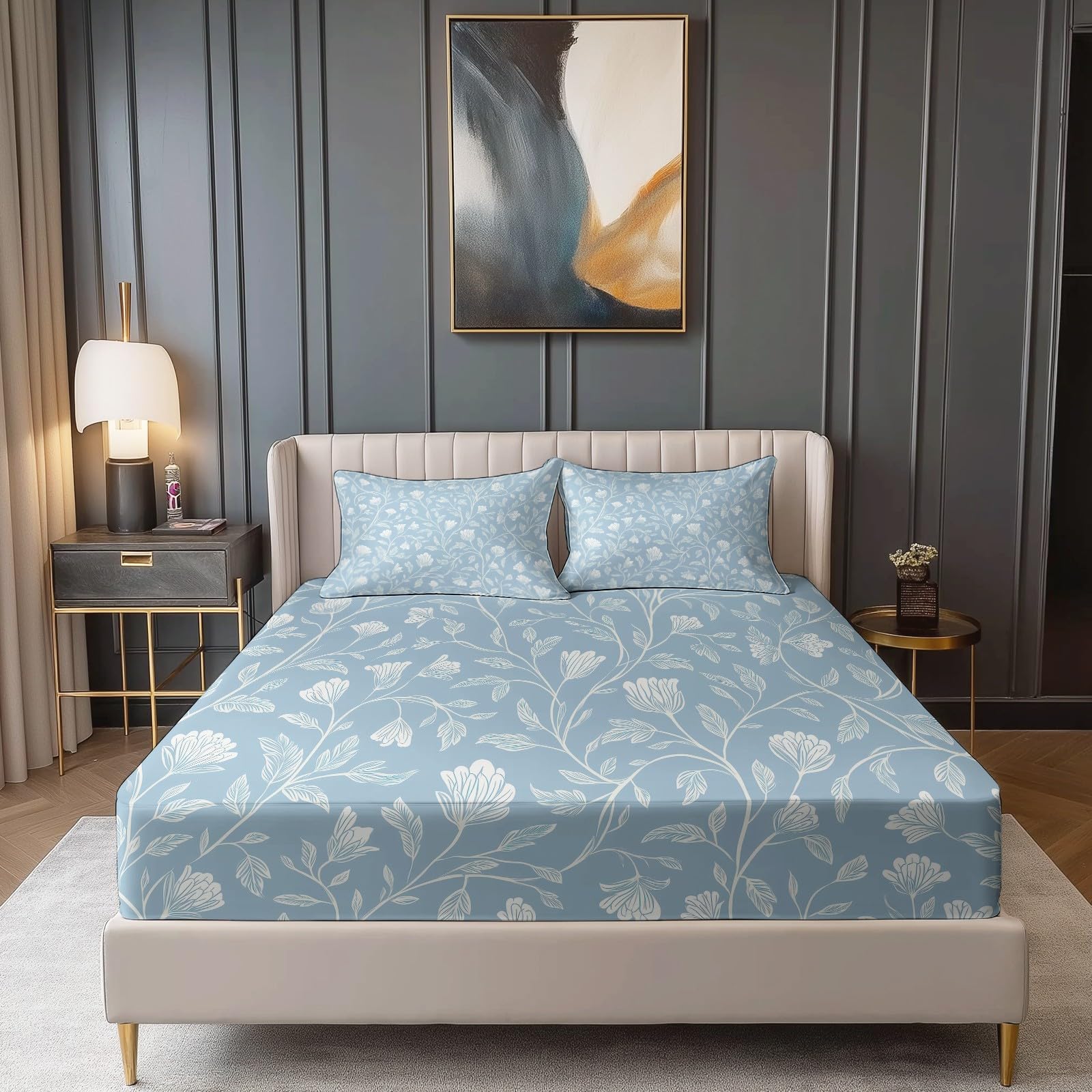 Bedrucktes Bettlaken 180 x 200 + 30 cm,Spannbettlaken für Schlafzimmer & Gästezimmer Aquarell Blumen Weiche Mikrofaser - Used_in Boxspringbetten bis 30cm Spannbetttuch Blau