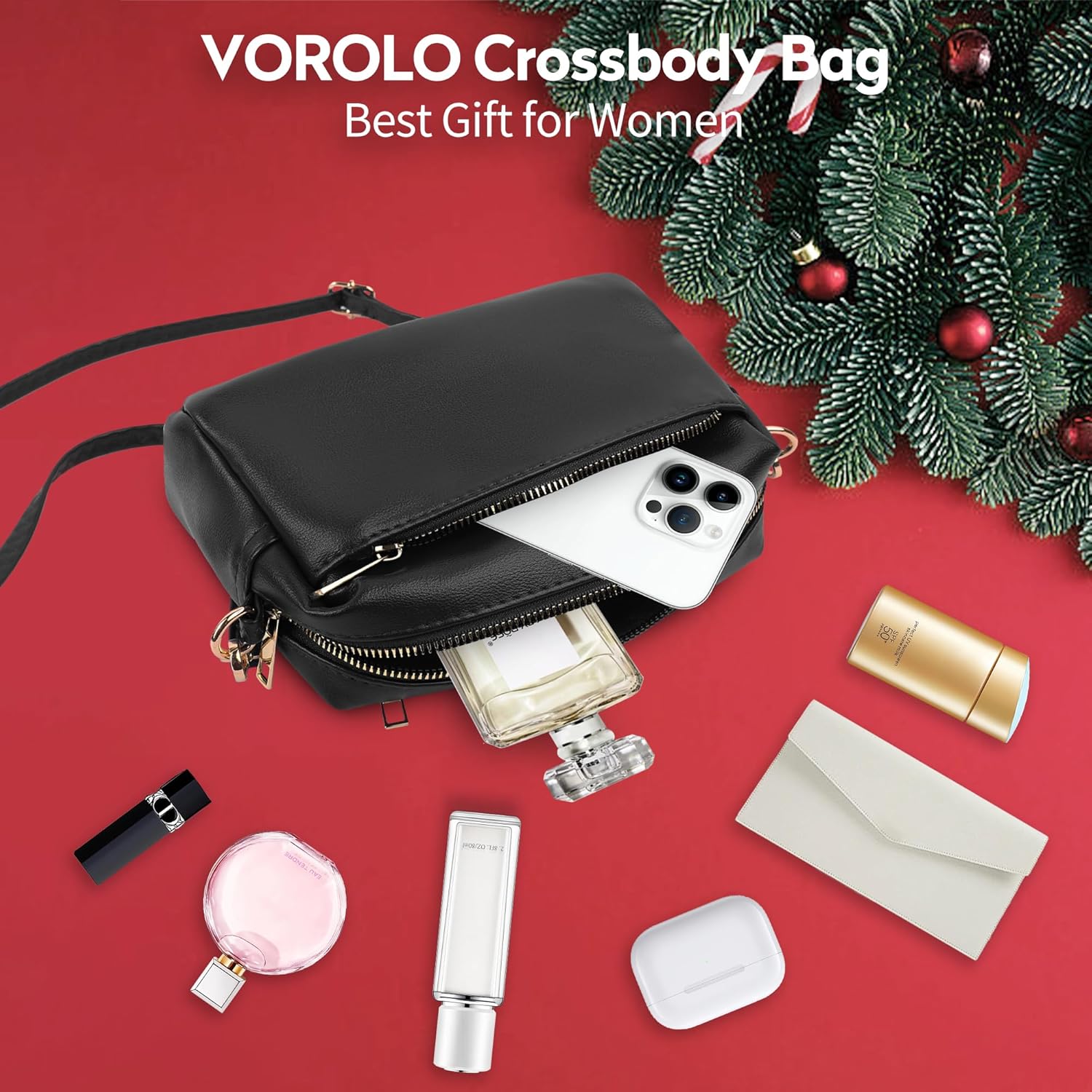 VOROLO Crossbody Bag Small Leather Triple Zip Crossbody Purse Shoulder Bag with Ajustable Strap for Women Matte Black - Image 5