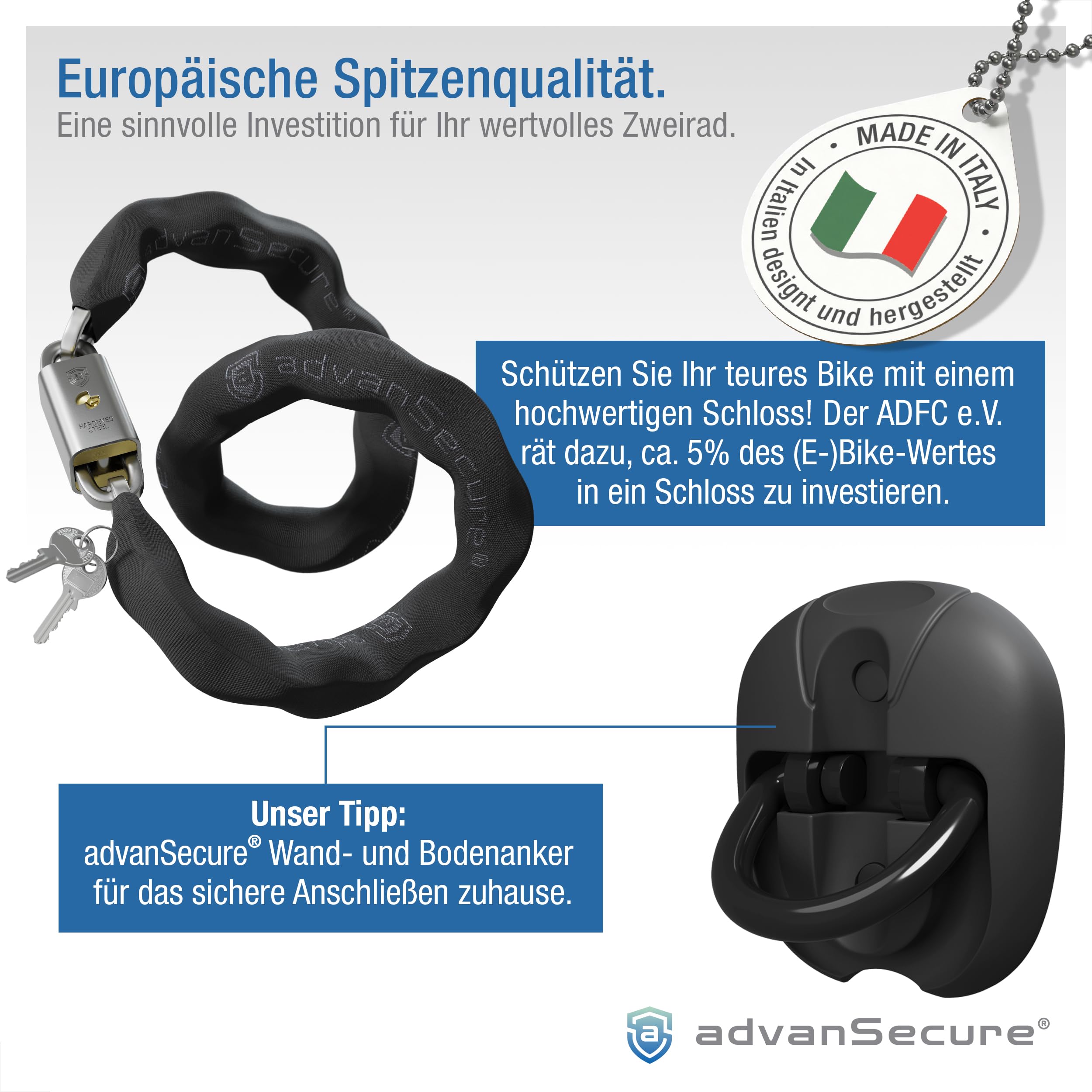 advanSecure® Hochsicherheits-Kettenschloss | optimal für Fahrrad und E-Bike | Sicherheitsstufe 8/10 | 90 cm Länge, 8 mm Kettenglieder | gehärteter Spezialstahl | abnehmbarer Schlosskörper-Schutz