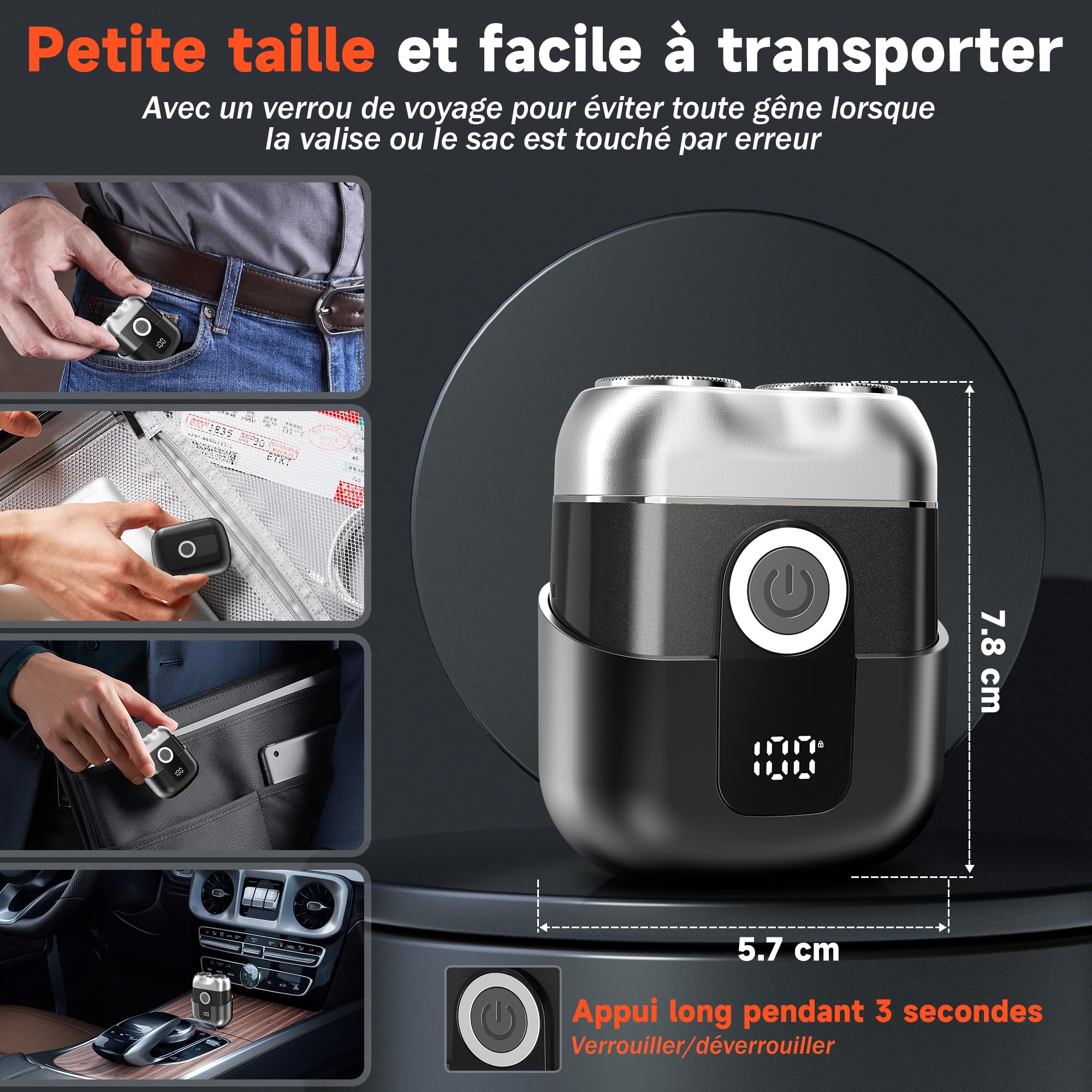 Mini Rasoir Électriques pour Hommes avec Affichage LED, Rasoir Électrique Étanche IPX6, Mini Rasoir Portable Silencieux et Lavable, Rasoir Homme Gris