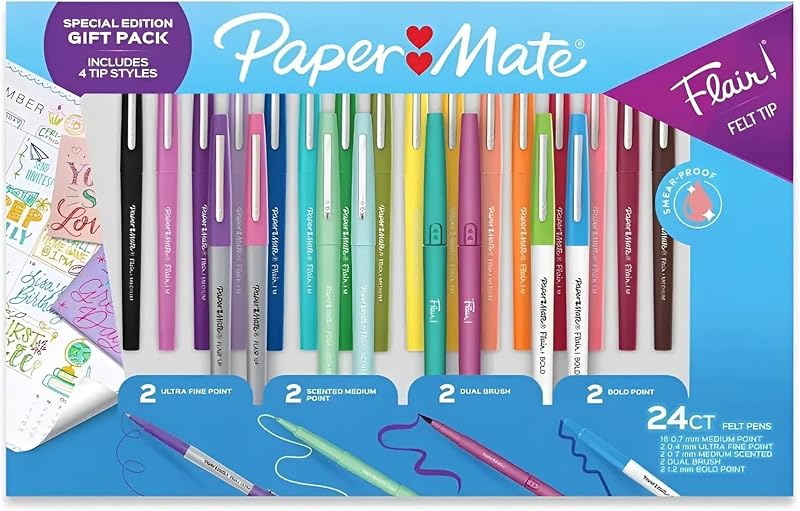 Flair Felt Tip Pens, 24 Vibrant Colors, Medium Point 0.7mm, 4 Unique Styles, No-Bleed Ink for Students and Teachers