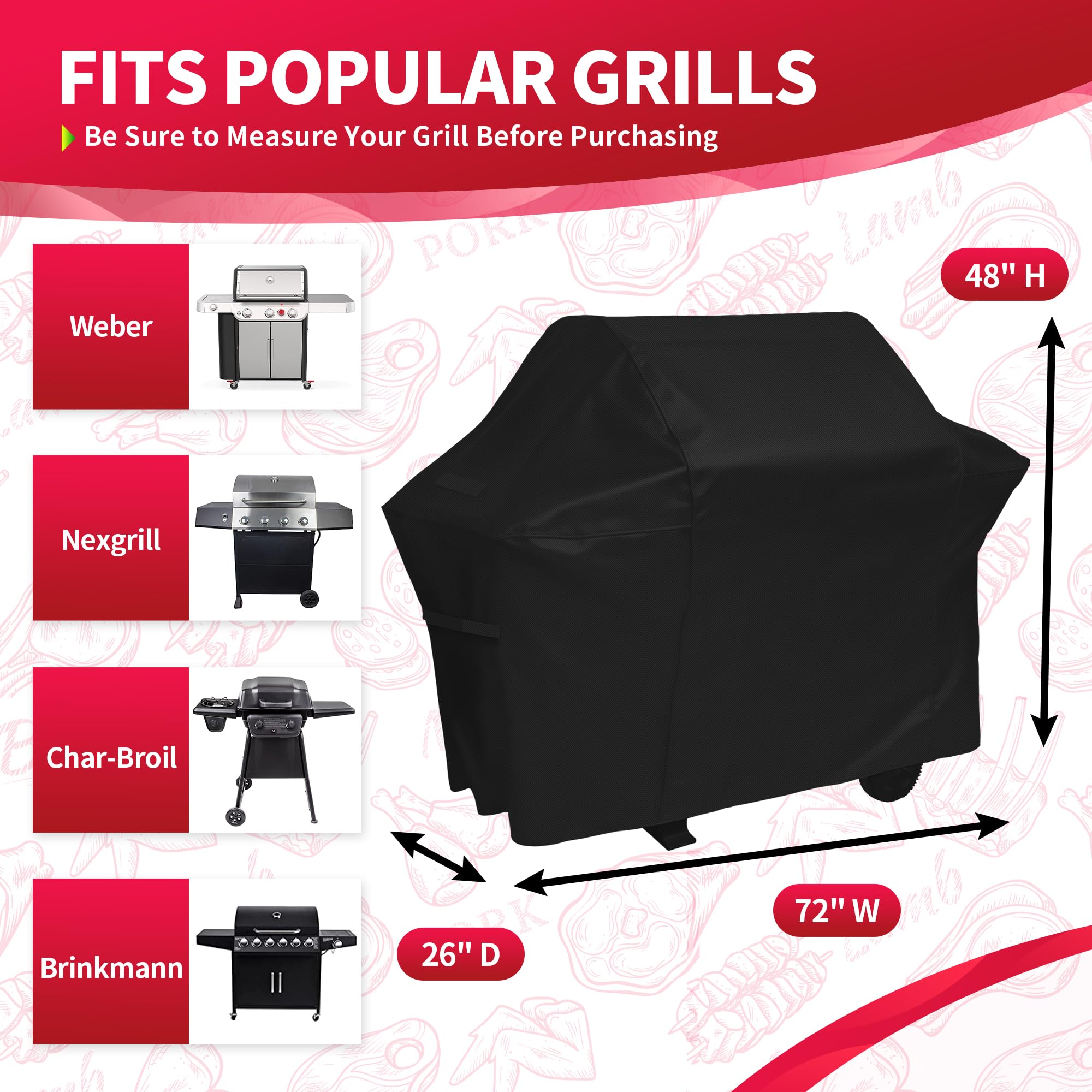 NEXCOVER Pokrowiec na Grilla 183 cm Wodoodporny Pokrowiec na Grill Gazowy 600D Odporny na Rozdarcie Weber Brinkmann Char Broil Holland