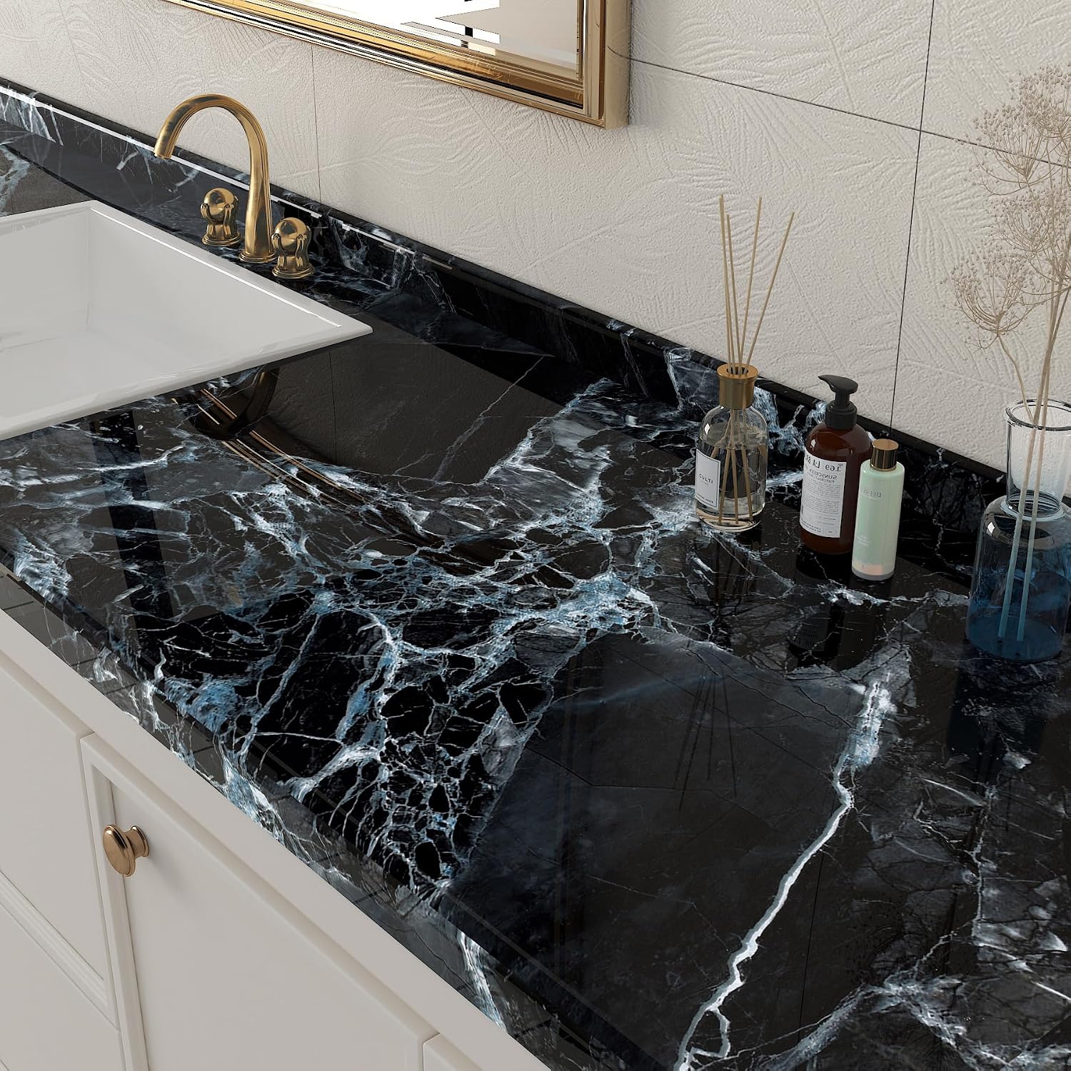 ICOOP Black Marble Contact Paper Glossy Counter Top Peel and Stick Waterproof 15.8"×276" Black Peel and Stick Wallpaper for Kitchen Luxury Waterproof Contact Paper for Bathroom Marble Vinyl Wrap