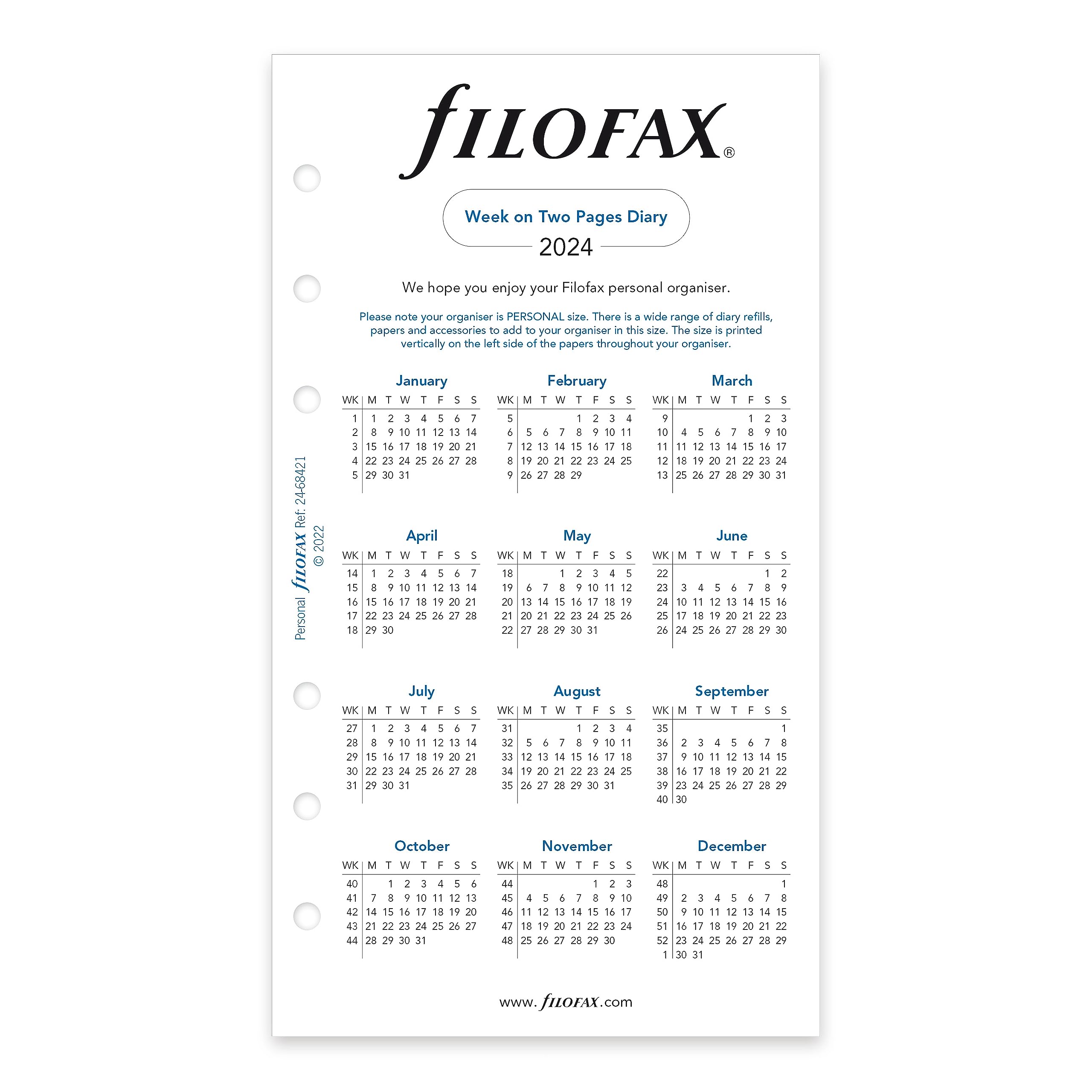 Filofax Calendar Diary Refill — Personal/Compact Size, Week-to-View, White Paper, Unruled, English, 2024 (C68421-24)