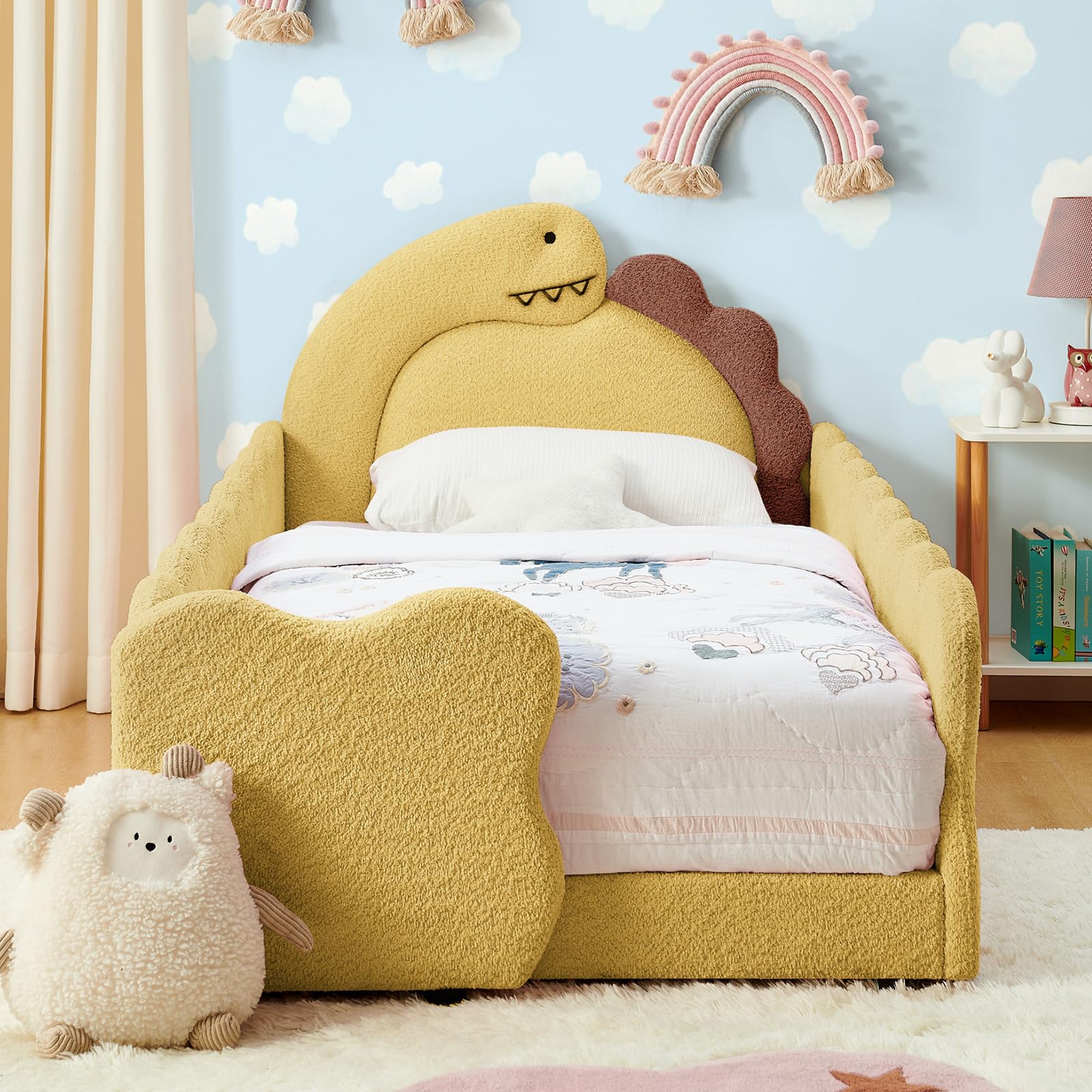 Twin Size Kids Bed with Dinosaur Headboard, Upholstered Boucle Fabric Twin Daybed with Slats Support &amp; Side Pocket, Space-Saving Wooden Corner Sofa Couch Day Bed Frame for Girl, Boy, Teenager(Yellow)