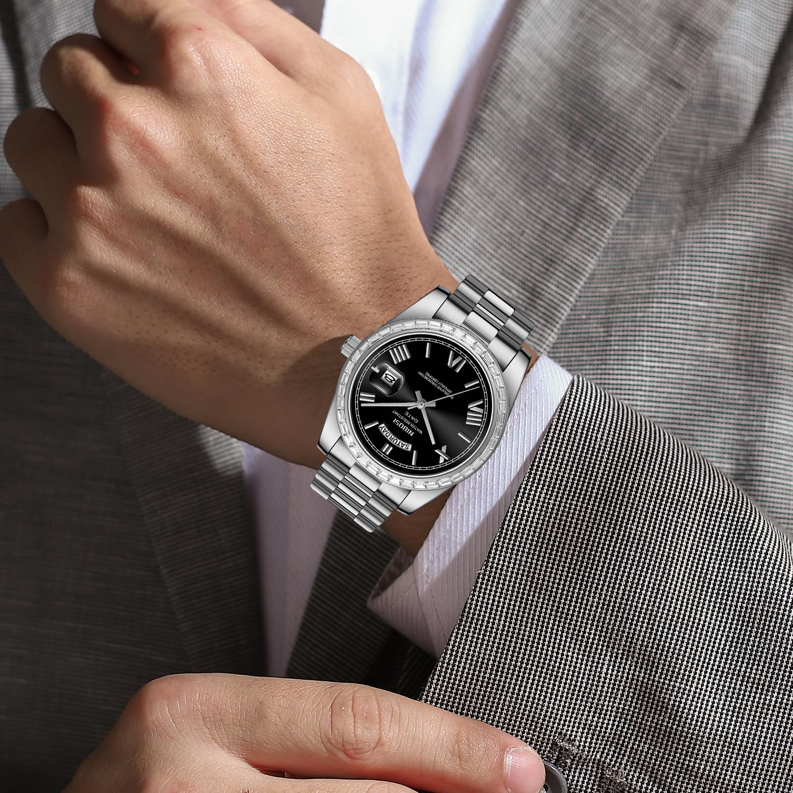 NIBOSI Orologi da uomo analogico al quarzo lunetta con diamanti quadrante in acciaio inossidabile oro rosa argento orologi da uomo impermeabili Business Classic Dress orologio da polso con giorno data