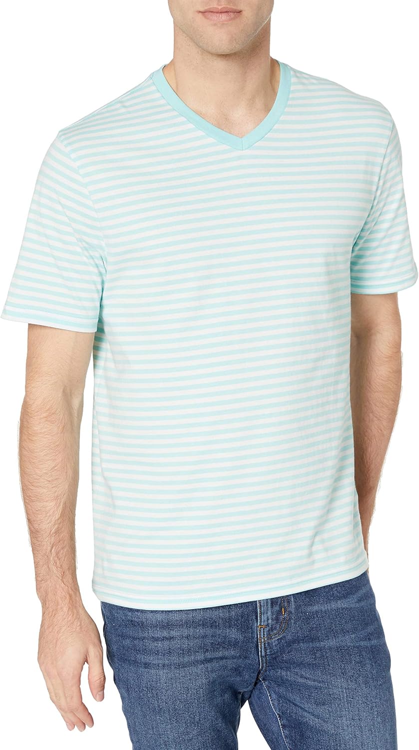 Amazon Essentials Men's Regular-Fit Short-Sleeve V-Neck T-Shirt, Pack of 2 X-Large Aqua Blue/White, Stripe
