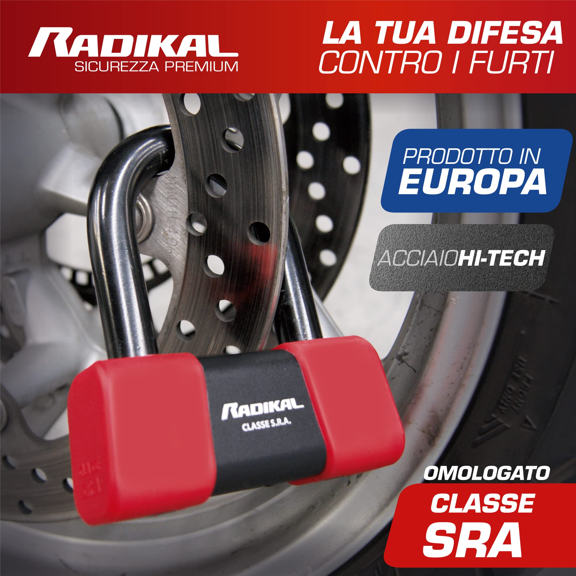 RADIKAL RK75 Antifurto Moto Sicurezza Premium, Blocca Disco per Moto Omologato SRA, Lucchetto Mini U 18mm Doppio Bloccaggio, Serratura Antiscasso, Bloccadisco Acciaio Cementato, Cavo Promemoria