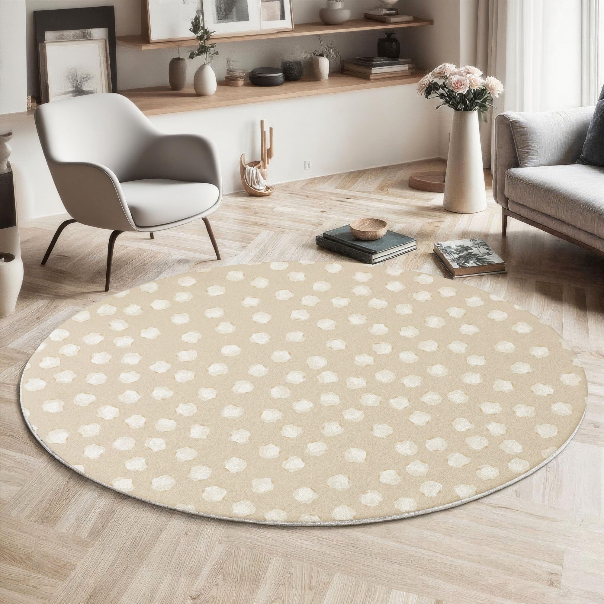 Tapis rond lavable beige 160 cm la solution anti-tache et antidérapante pour salon et cuisine
