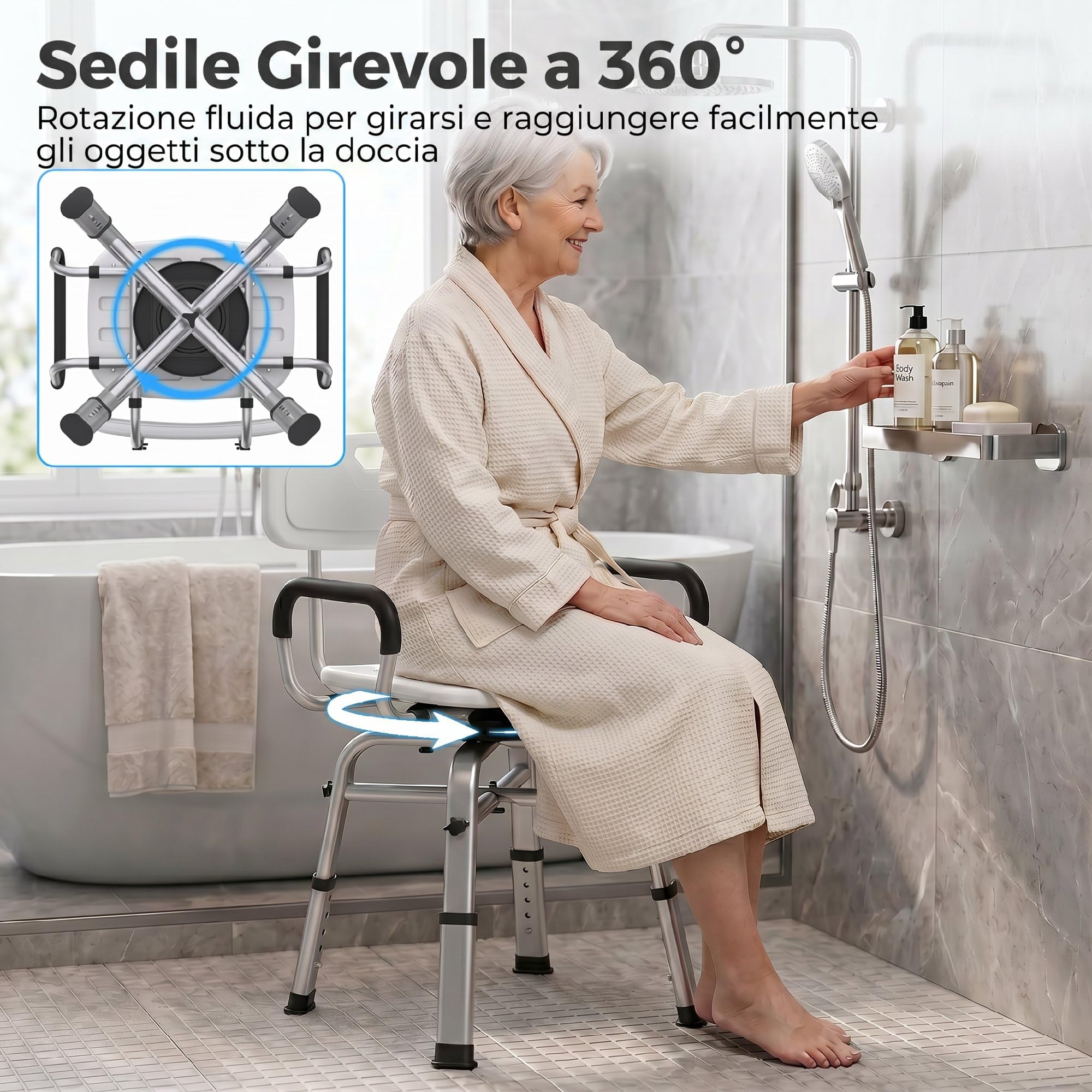 HOMCOM Sedia da Doccia Girevole 360° con Braccioli Estraibili e Schienale, Sgabello Doccia 6 Altezza Regolabile, Antiscivolo, in Lega di Alluminio, Portata 150kg, per Anziani e Disabili, Bianco