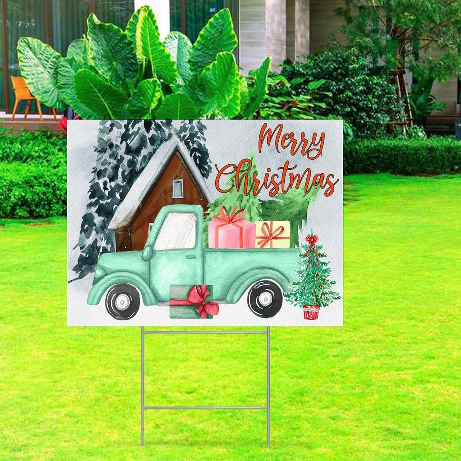Merry Christmas Red Truck Snow House Corrugated Plastic Decorative Yard Sign with Metal H-Stakes Farmhouse Xmas Street Welcome Lawn Yard Signs for Outside Patio Garden Decor 18x24in