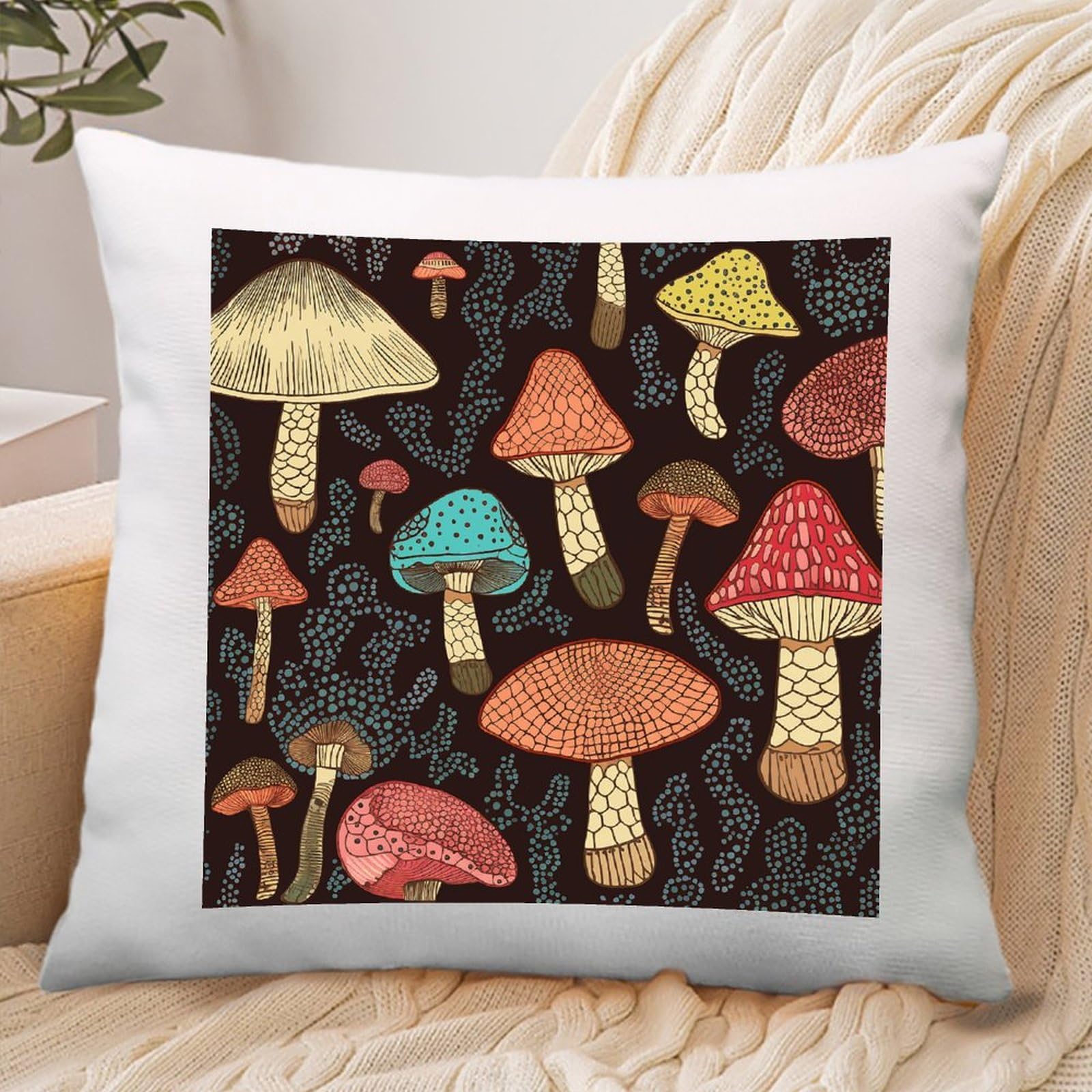 VstaDank Mushroom Throw Pillow Covers Square Cushion Cases with Zipper Soft Cotton and Linen Pillowcase Luxury Cozy Pillows Shams Lumbar Pillow Shells for All Seasons
