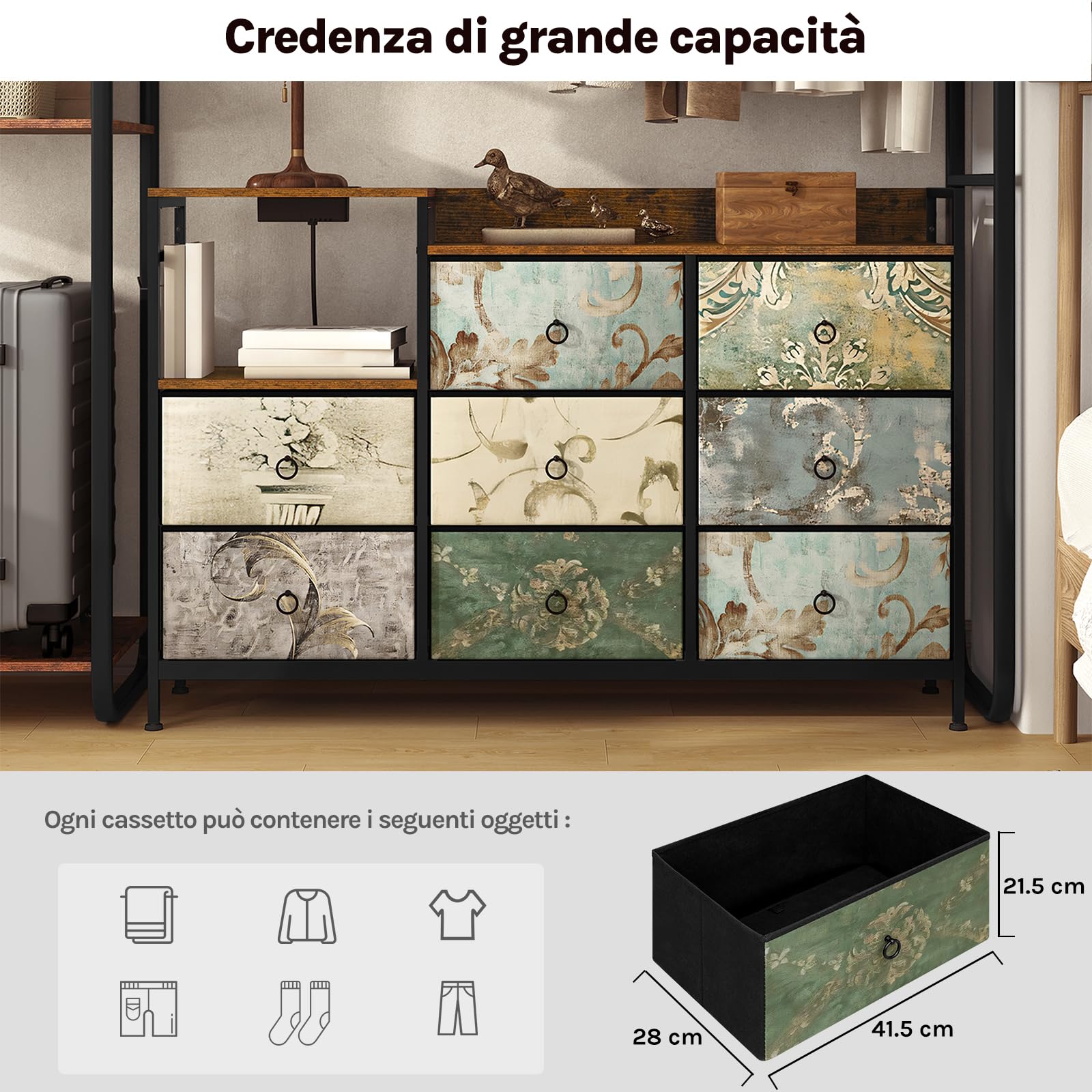 WOLTU Cassettiera a 8 Cassetti in Tessuto, Cassettiera per Camera da Letto, con Sezione di Ricarica e Ganci, Piani Legno e Struttura in Metallo, Marrone Rustico+Nero