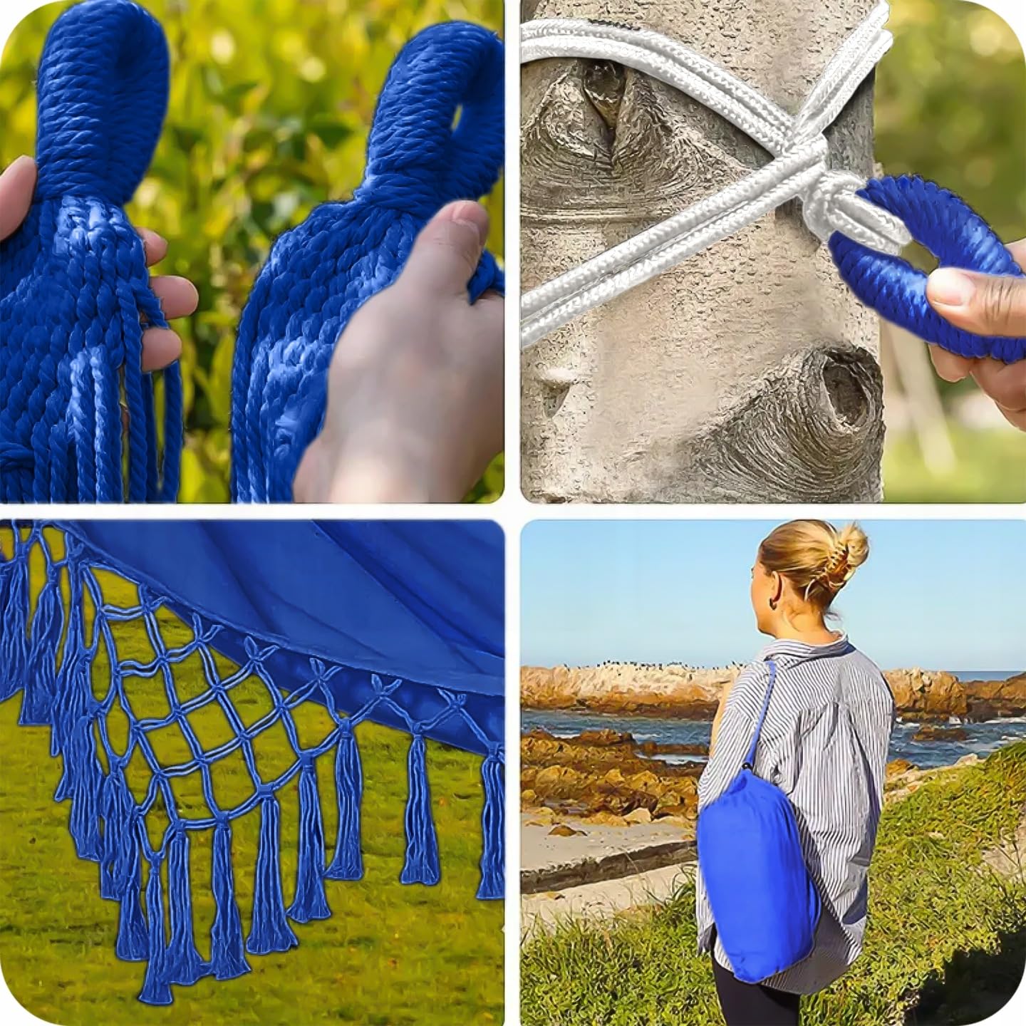 KRUMAD Hamac d'extérieur style bohème 190 x 150 cm, bleu, charge maximale : 120 kg, avec franges, sac de rangement et 2 cordes, en coton et polyester, pour jardin, balcon, terrasse, extérieur et
