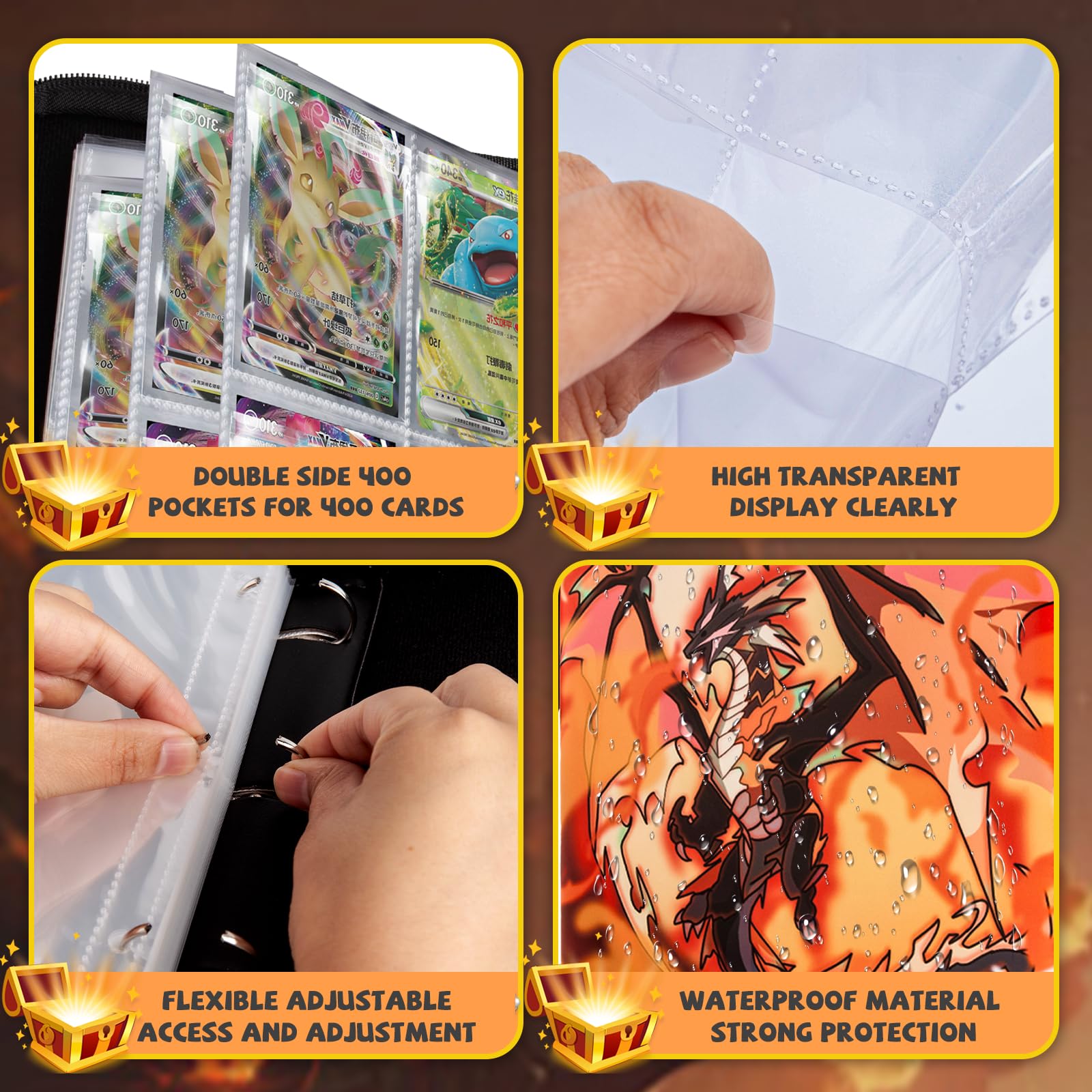REDORELA Trading-Card-Binder 4 Pockets for Pokemon-Card-Binder Waterproof Album for Cards with Zipper Collectible Holders Sports & Game Cards Folder Portable with Wristband (Bright Orange 400Slots) - Image 4