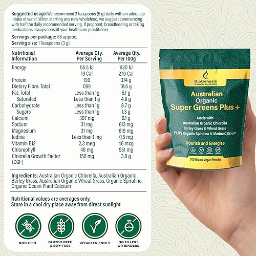 Miniatura 4 de Biogenesis SuperGreens Plus Polvo  10.58 oz  Sin sabor  Clorella orgánica, pasto de trigo, hierba de cebada y espirulina  Cultivado en Australia