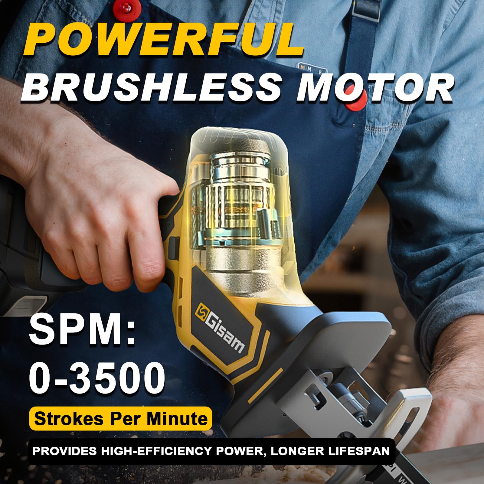 Gisam Sierra de sable con batería, motor sin escobillas silencioso de 3500 RPM, 2 baterías de 4,0Ah y 8 hojas de sierra, sierra eléctrica de cola de zorro para madera, metal, PVC