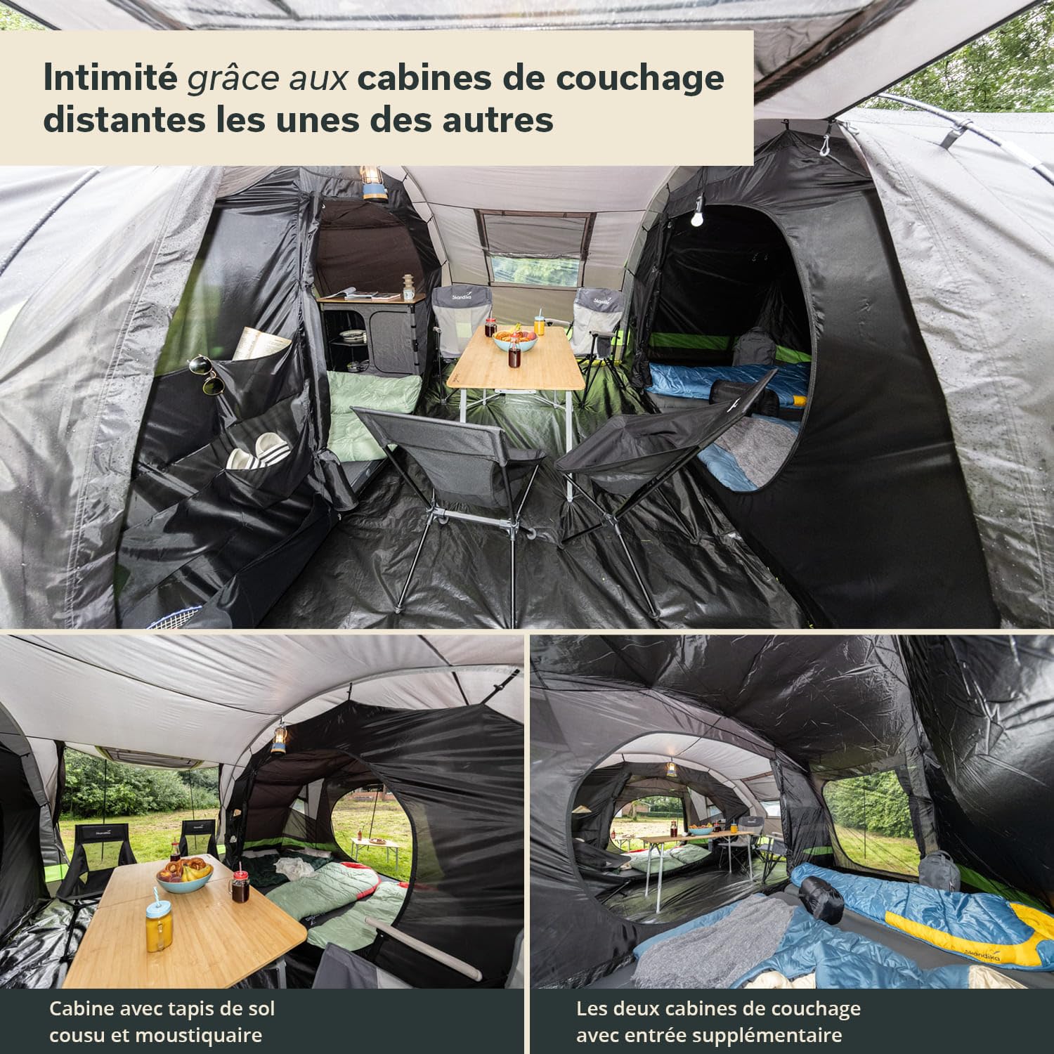 Skandika Kambo Tente Tunnel pour 6 Personnes | Cabine Sombre avec revêtement argenté, Colonne d'eau de 3000 mm, 3 entrées, Marquise, avancée, avec Tapis de Sol | Tente de Camping