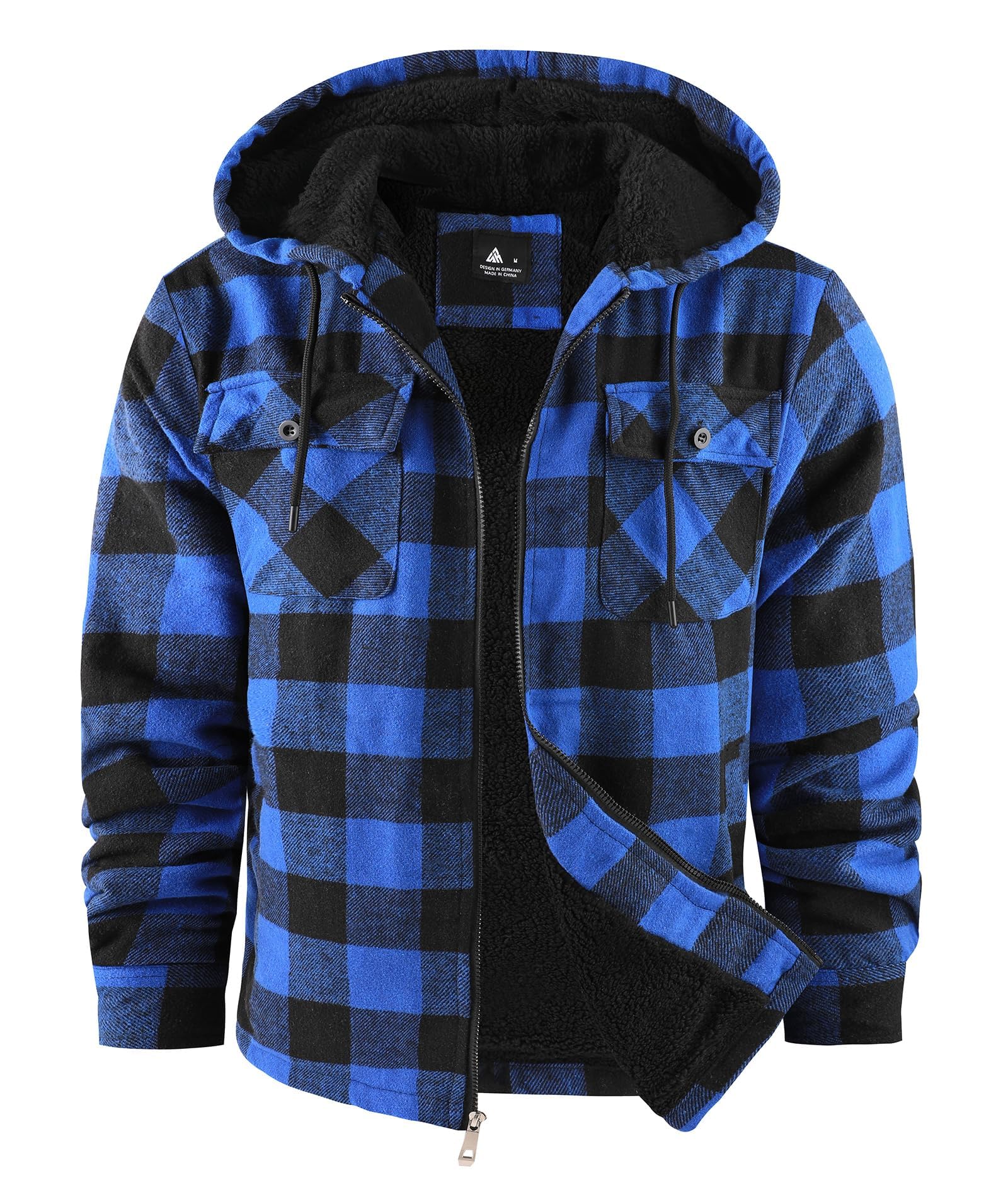 JACKETOWN Herren Fleecejacke Flanell Hemdjacke mit Kapuze Übergangsjacke Warm Gefüttert Kariertes Holzfällerhemd Winterjacke mit Taschen Casual Outdoor Mantel für Herbst Winte