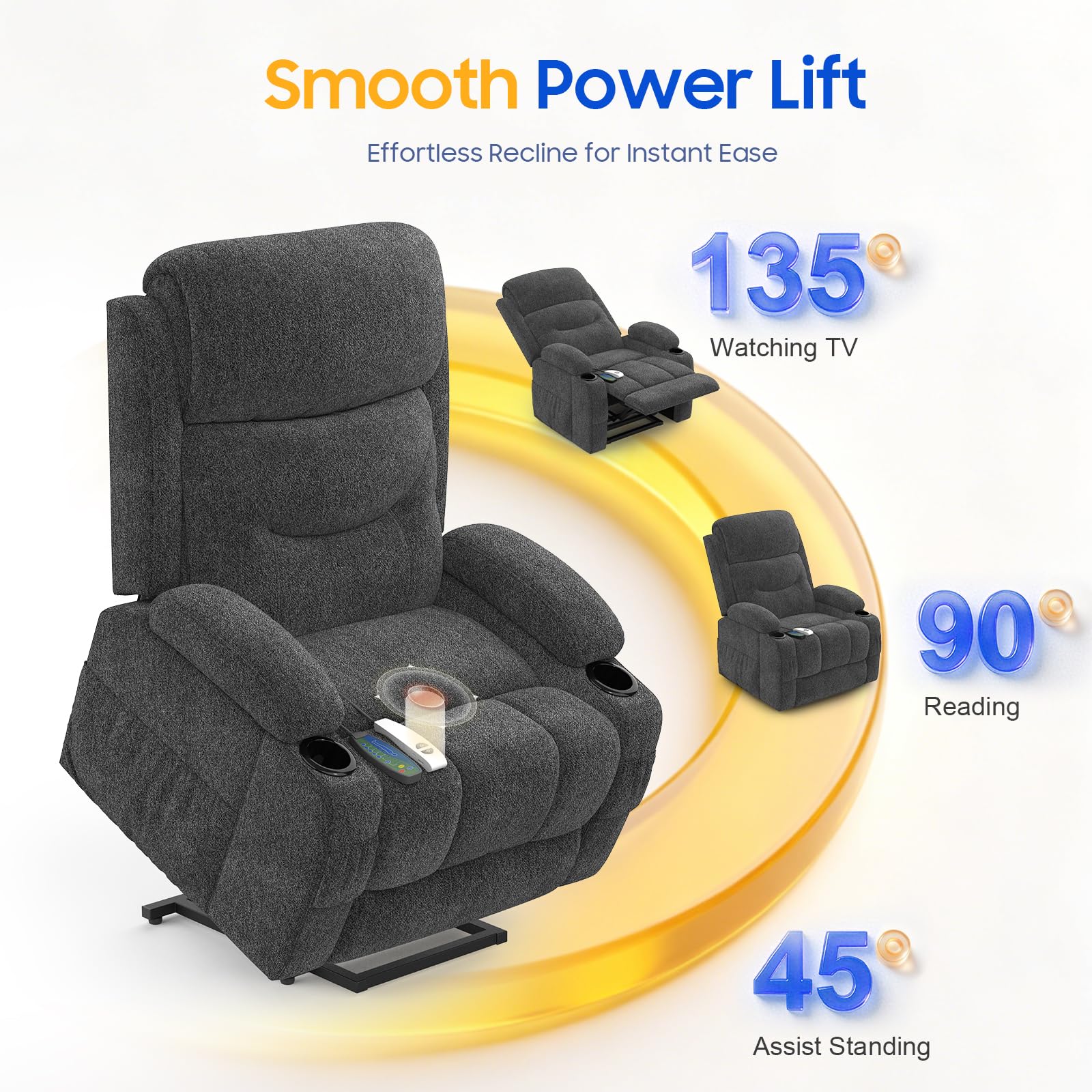 Sillón reclinable con función masaje y calefacción, sillón elevable para ancianos con puertos Type-C y USB, 4 bolsillos laterales, 2 portabebidas, sillón reclinable Rise para salón