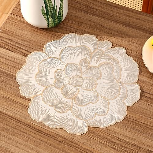 Miniatura 6 de Paquete de 6 manteles individuales de vinilo dorado, manteles individuales florales metálicos, manteles individuales lavables y fáciles de limpiar,