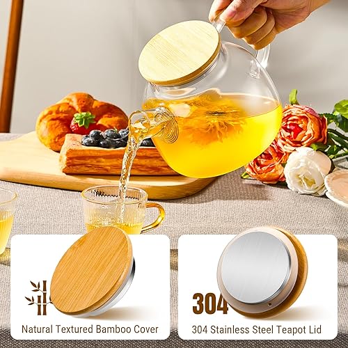 Miniatura 3 de PARACITY Tetera de vidrio de 34 onzas33.8 fl oz, hervidor de té transparente de borosilicato con tapa de bambú, tetera de vidrio con boquilla de