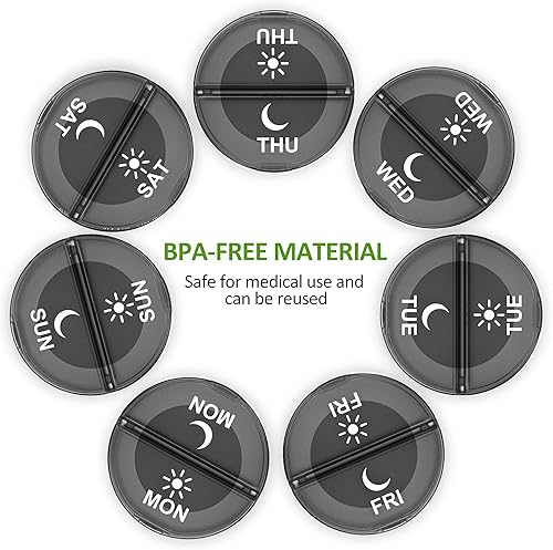 Miniatura 5 de Organizador diario de píldoras (dos veces al día) – Pastillero semanal AM/PM, organizador redondo de medicina, contenedor de píldoras de 7 días,