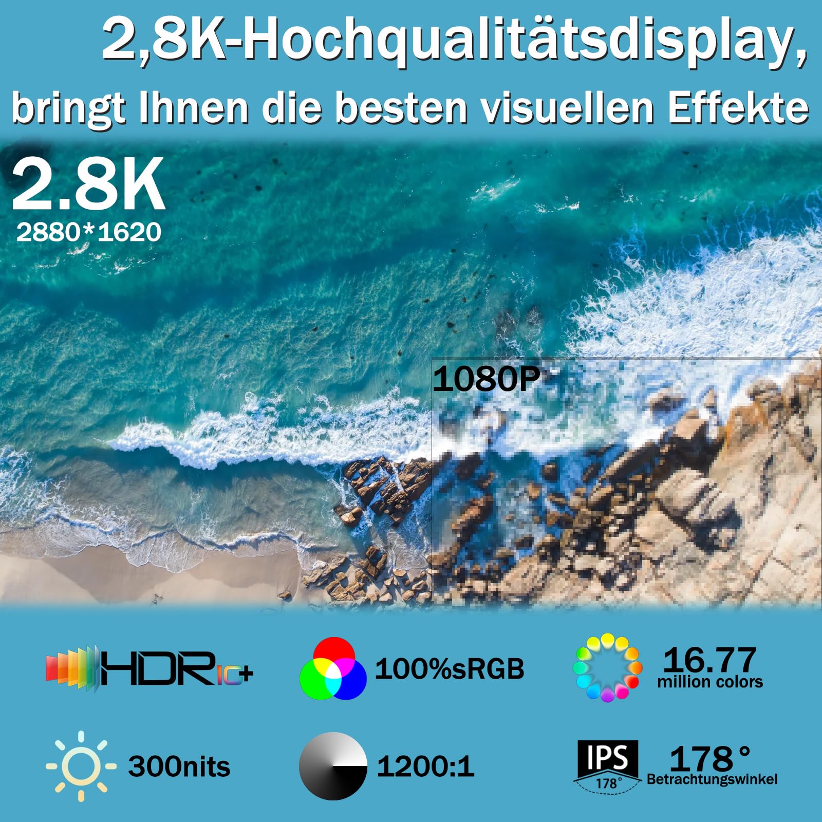 15,6 Zoll 2,5K Touchscreen Monitor,FHD 2880x1620 IPS 100Hz 16:9,10-Punkt-Touch Portable Monitor with 100%sRGB,Ultradünn Erweiterter Tragbarer Monitor für Laptops/PCs/Smartphone/Macs/Xbox/PS5