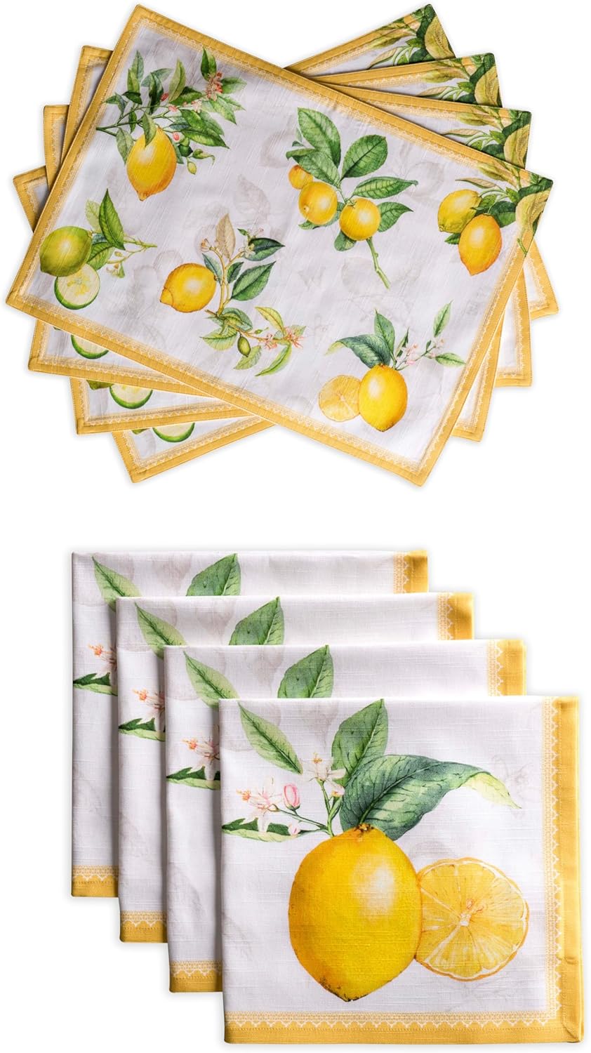 Maison d' Hermine Limoncello Bundle Set 100% Cotton Set of Napkins (20 Inch by 20 Inch) and Set of 4 Placemats (13 Inch by 19 Inch)