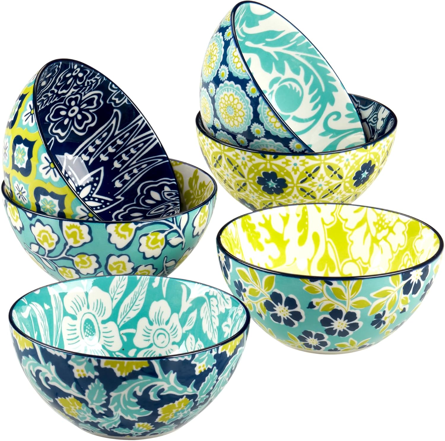 Tapestry 13 oz. Porcelain Bowls, Set of 6 – 4.75" Assorted Floral & Patterned Designs in Aqua, Navy & Lime – All Purpose Small Bowls for Cereal, Snacks, Ice Cream, Dips, or Entertaining