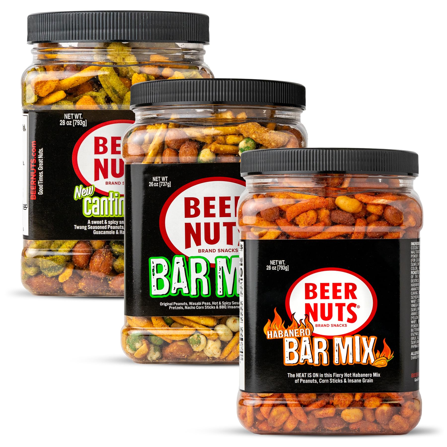 BEER NUTS Variety Pack, 28oz Habanero Bar Mix, 28oz Cantina Mix with Twang, 26oz Bar Mix w/Wasabi, Snack Bulk Bundle Resealable Jars (Pack of 3)