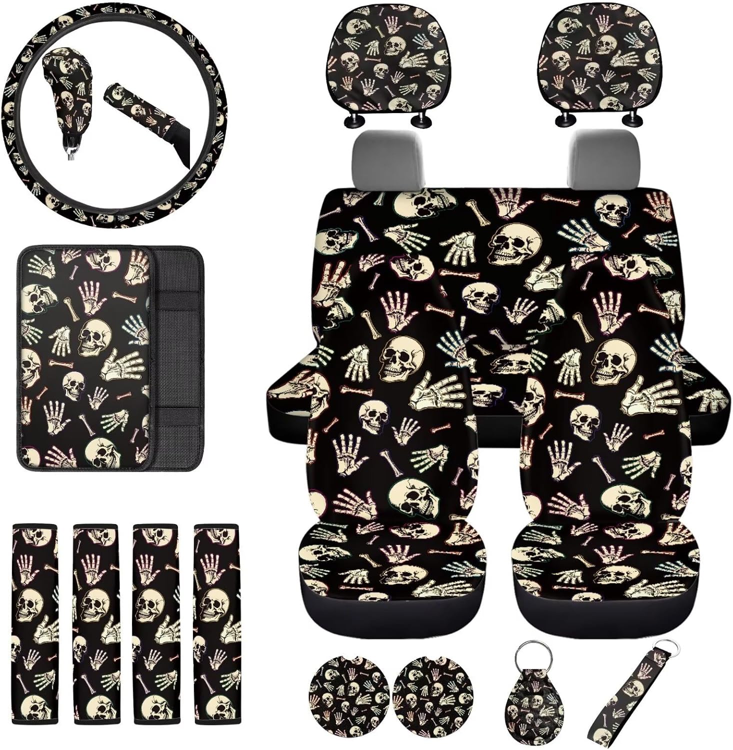 Pensura Funny Skulls Car Seat Covers Full Set 18 Pack Steering Wheel Cover Universal Center Console Pads Headrest Covers Handbrake Cover Seat Belt Strap Pads Cup Holder Coaster and Keychain