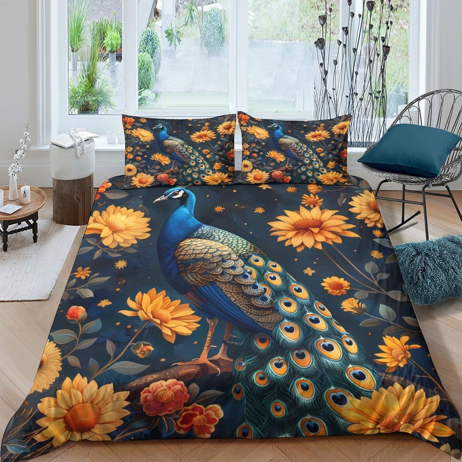 Ctjqhvkz Style-7 3D Printed Peacock Floral Fitted Sheet Microfiber Soft Mattress Cover Blue Yellow Decor For Bedroom Guest Room Single（135X200cm）