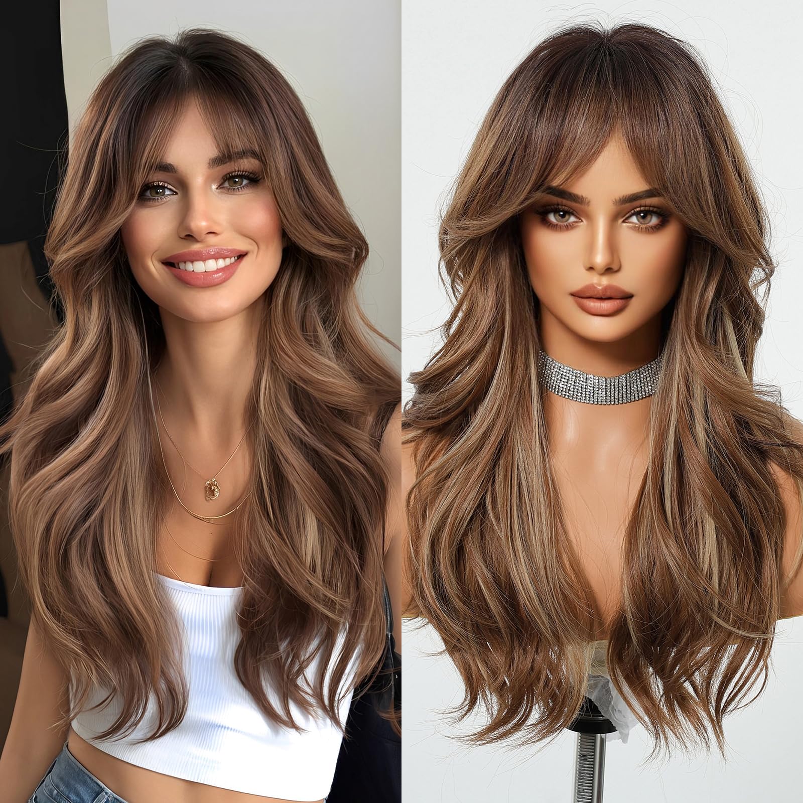 Haoland Long Brown Wigs for Women 26 Inch Long Wavy Wigs Natural Synthetic Hair Wavy Wig With Bang for Daily Party Use