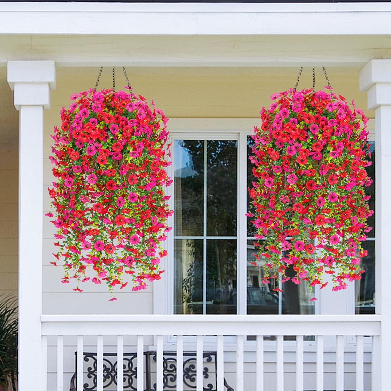 Dolicer 2 Pcs Look Real Artificial Flowers for Outdoors, Realistic Fake Artificial Hanging Flowers for Outdoors UV Resistant Silk Faux Hanging Plants Flowers for Porch Patio Garden(Red+Fuchsia) - Image 6