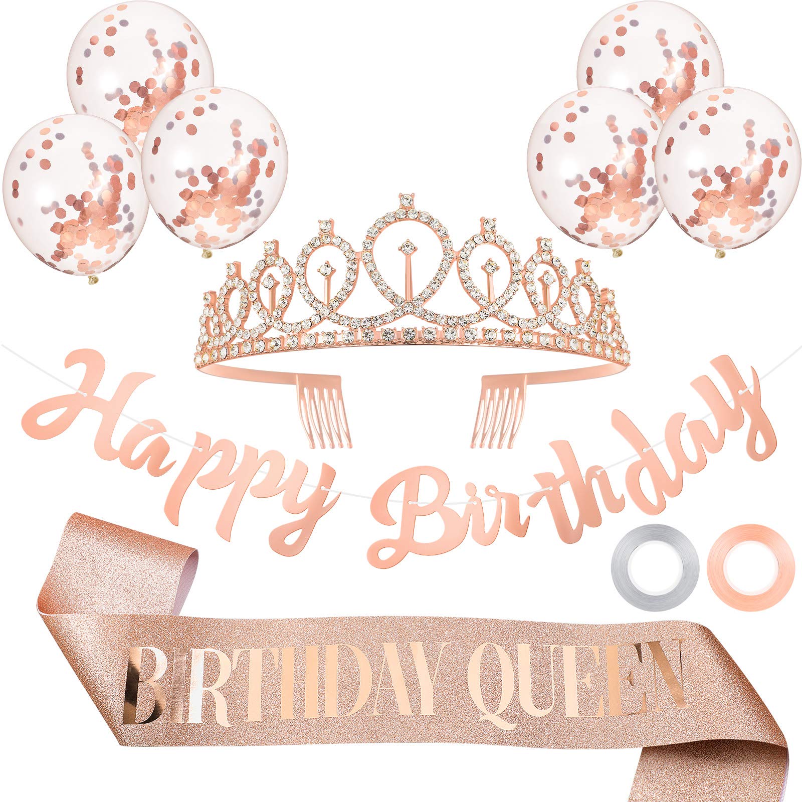 Queen Birthday Decorations Birthday Crown Costume Set Includes Birthday Queen Sash Happy Birthday Banner Crystal Tiara Birthday Crown and Confetti Balloon Ribbon for Birthday Decoration(Rose Gold)
