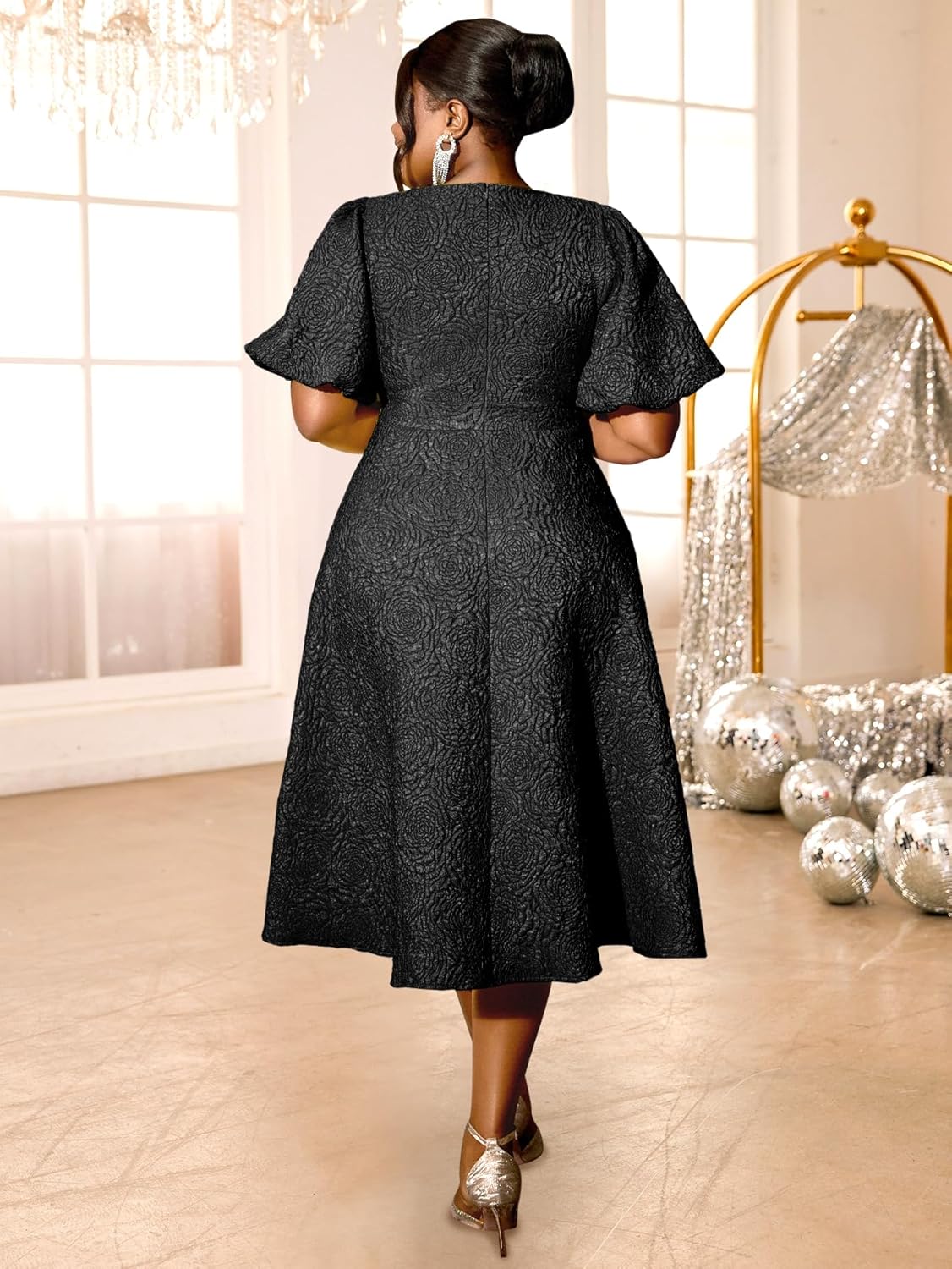 AOMEI Women's Irregular Neck with Flower Short Puff Sleeve High Waist A-Line Jacquard Dress - Image 3