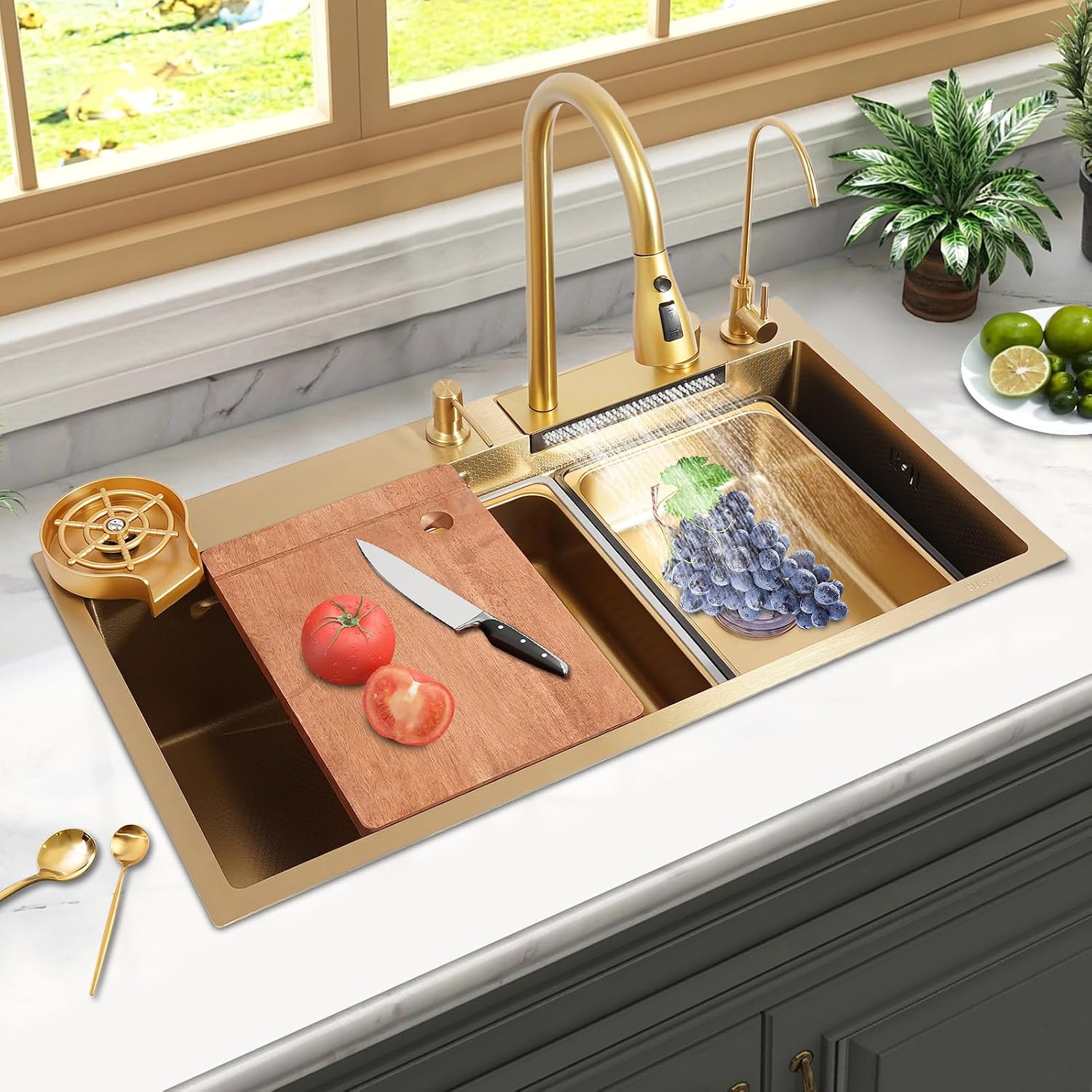 Waterfall Kitchen Sink Workstation 31.5x18 Inch Waterfall Drop In Sink, Stainless Steel Sink Multifunction Single Bowl Top Mount Kitchen Sink with Faucet Combo