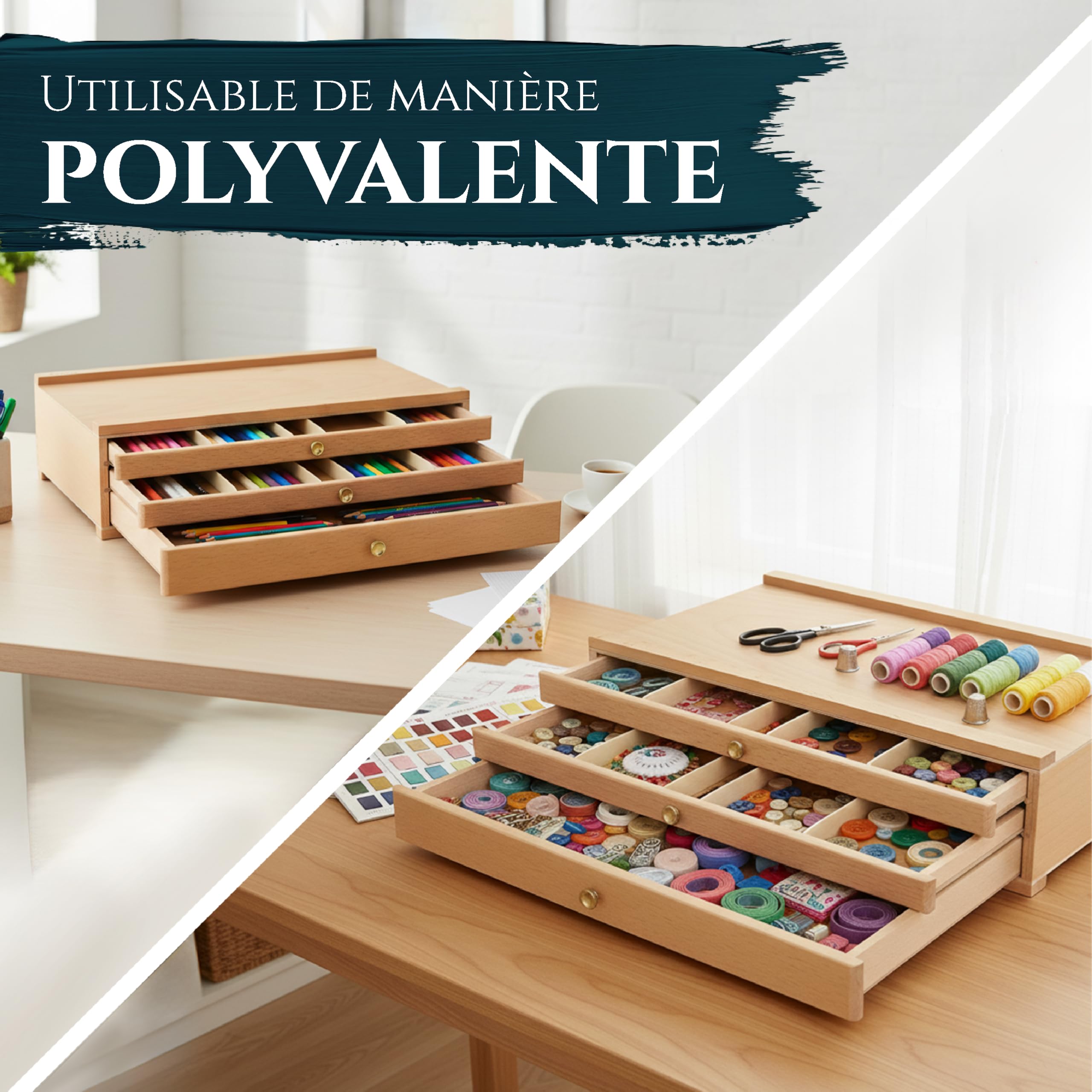Artina - Boite de Rangement Troyes en Bois pour Materiel de Peinture - 3 tiroirs